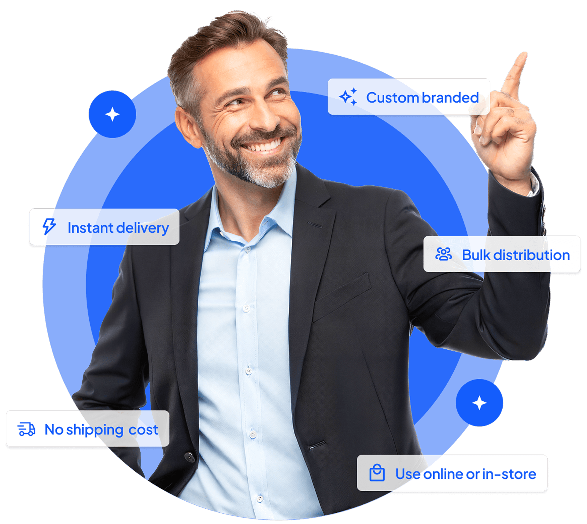 Man in a suit pointing upward, tagged custom branded, instant delivery and bulk distribution.