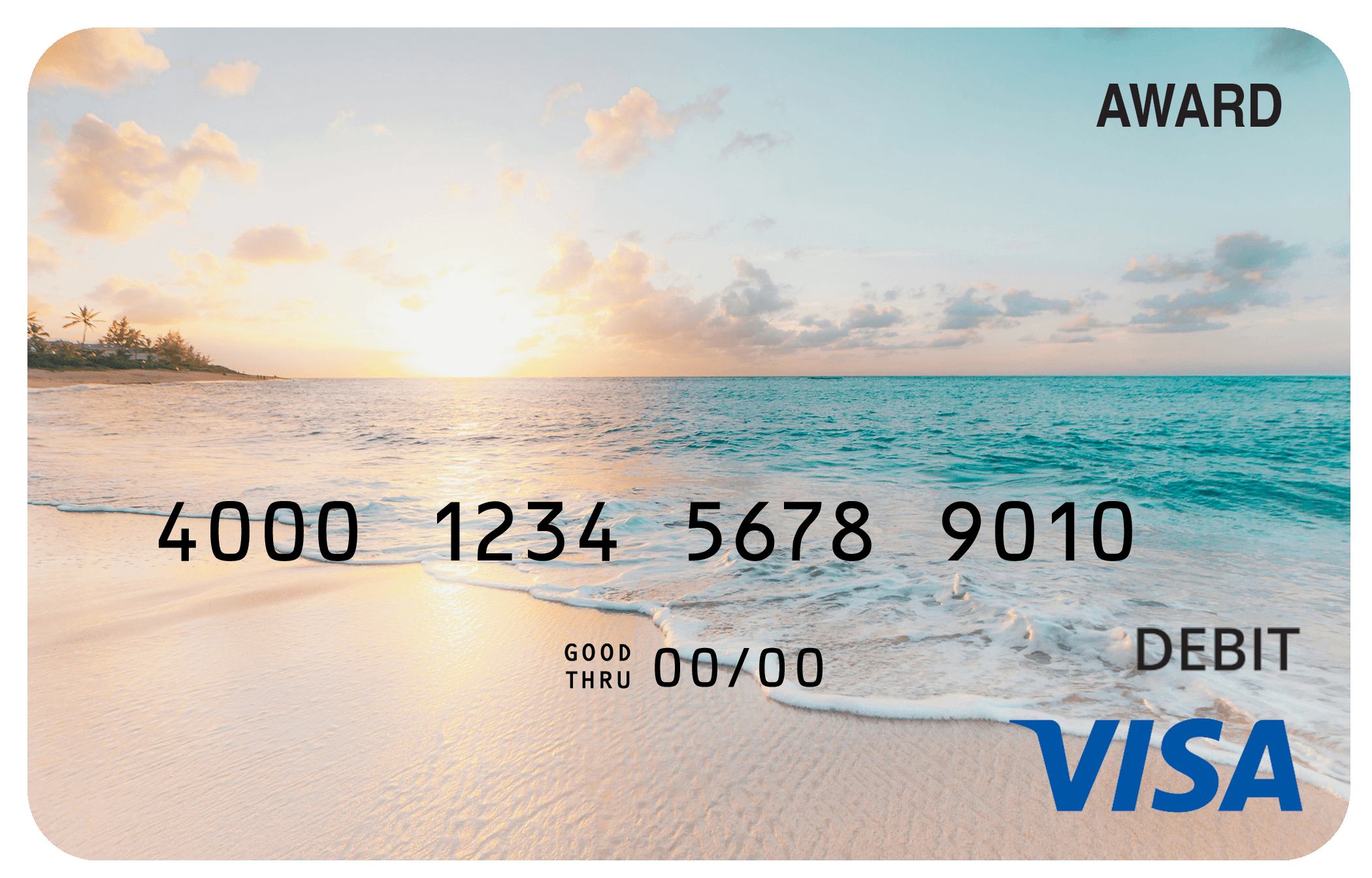 Award debit card with a bright coastal scene inspired by blue water and a relaxing seaside atmosphere.