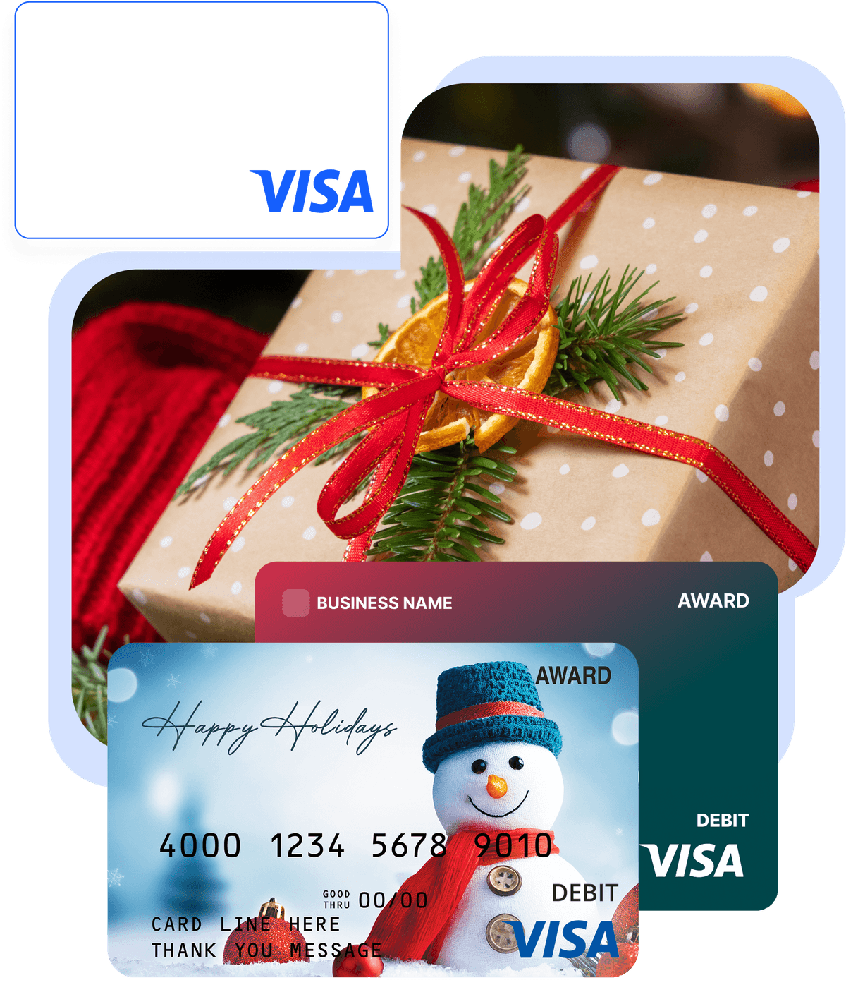 Wrapped Christmas gift with a red ribbon above holiday-themed Visa award cards including a snowman design.