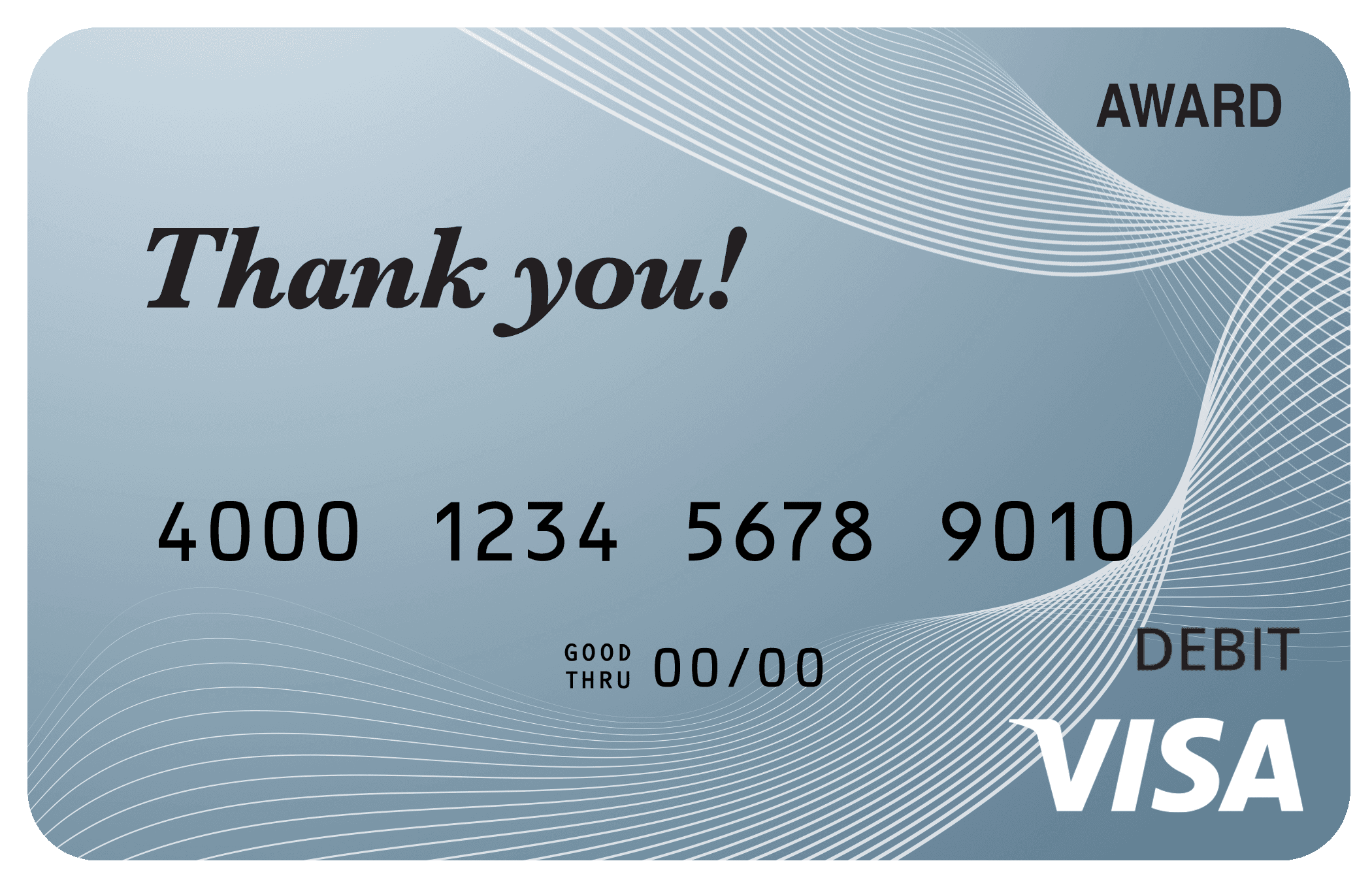 Award debit card with a silver-blue gradient and flowing white wave-line pattern.