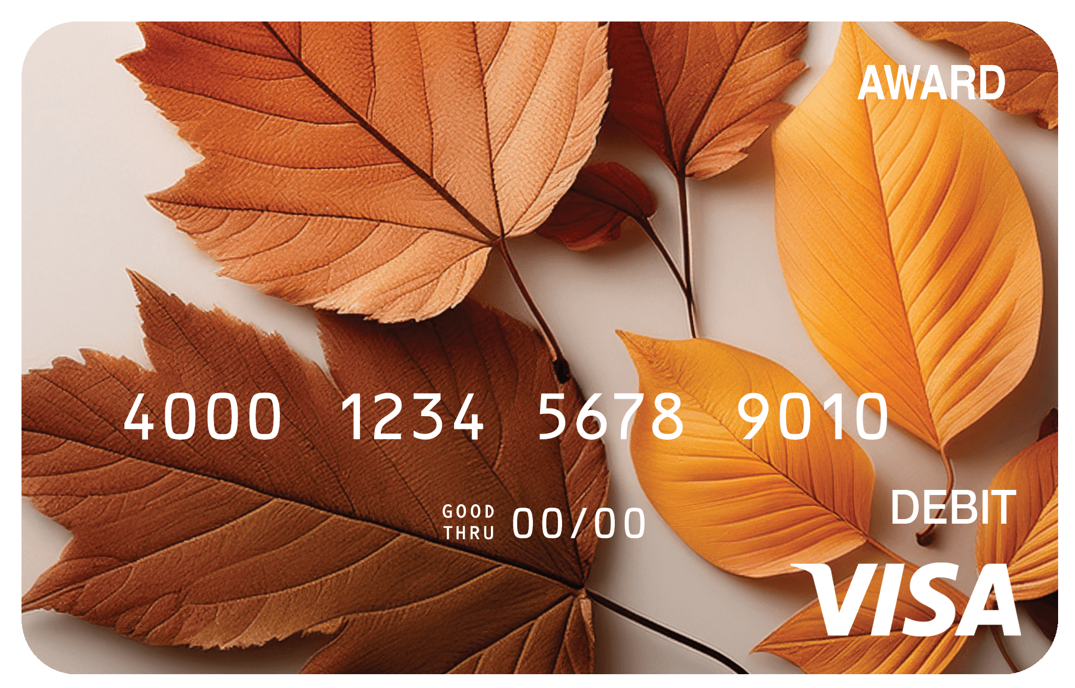Award debit card with warm autumn leaves and seasonal orange and brown tones.