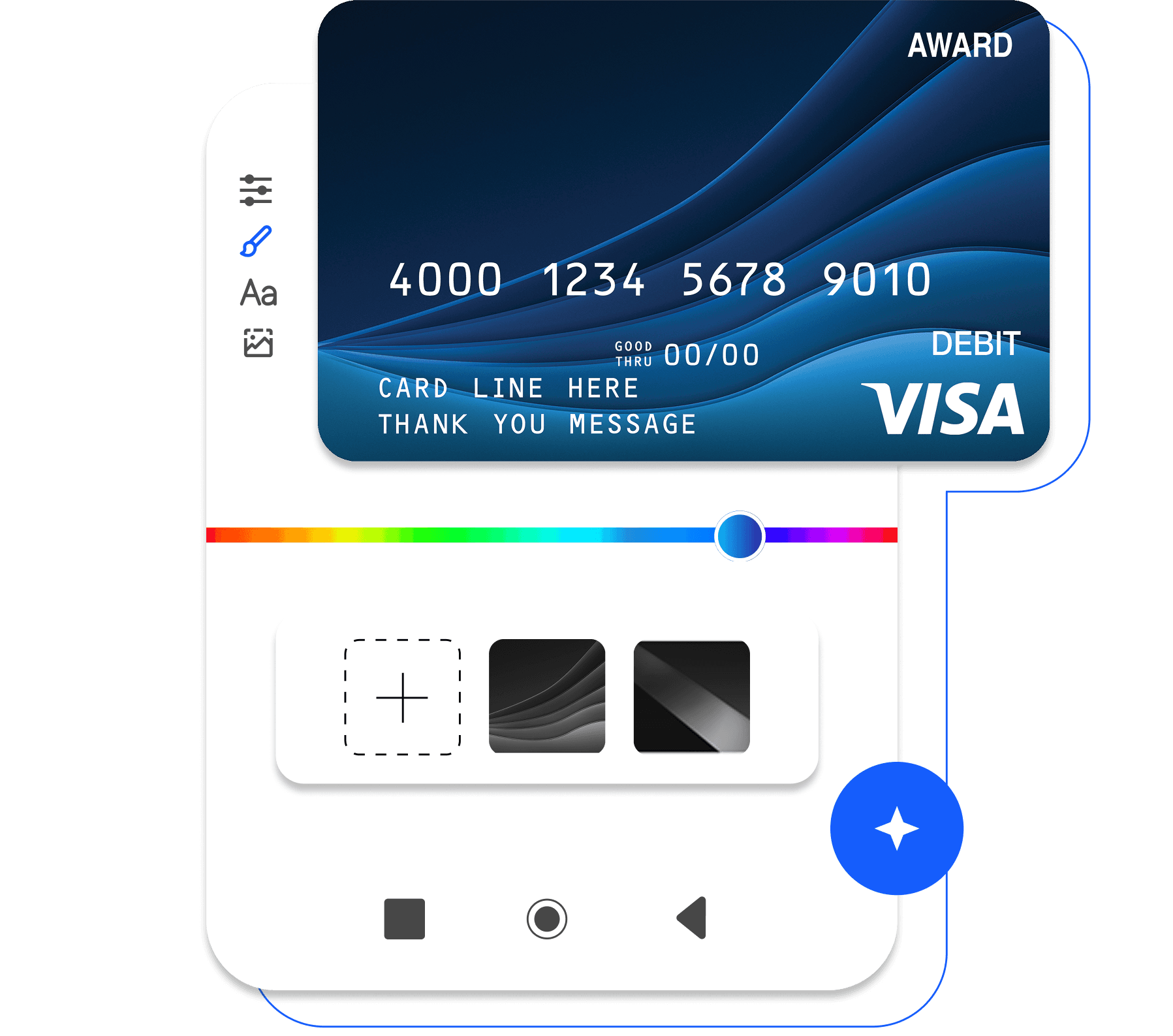 Card design editor showing a dark blue wave Visa card above a colour slider and artwork swatches.