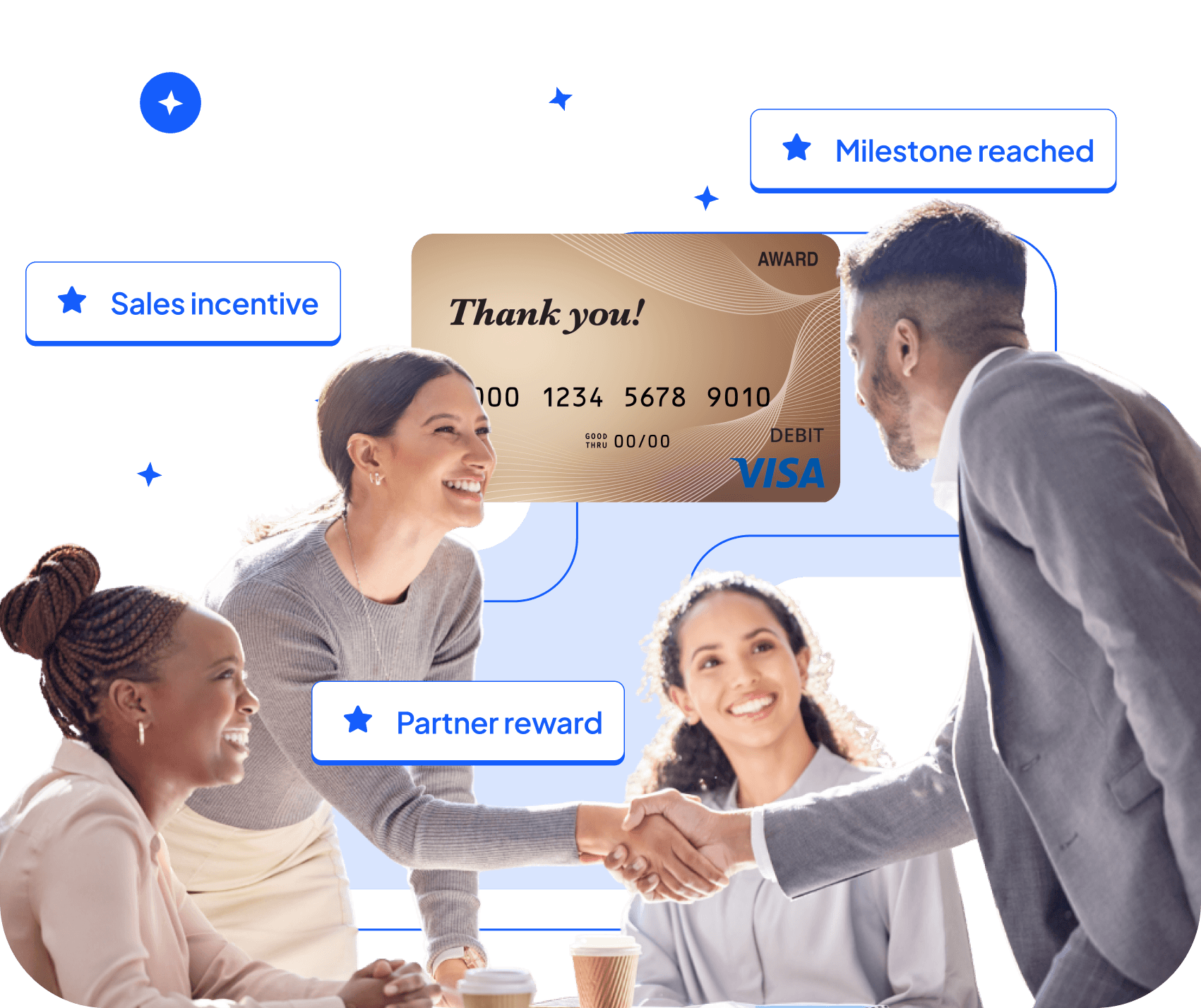 Colleagues shaking hands at a meeting table, tagged sales incentive, milestone reached and partner reward.