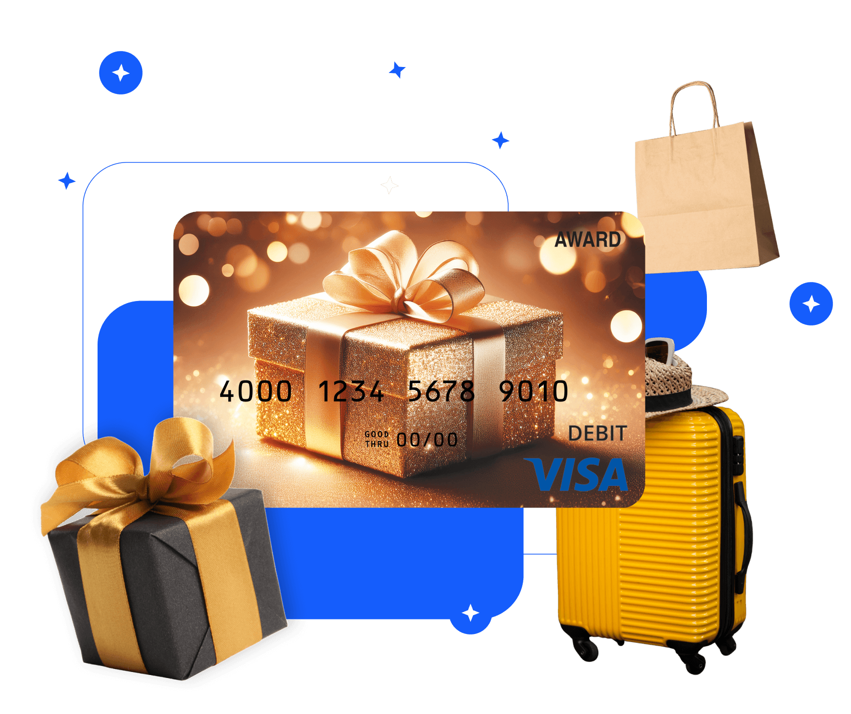 Blue branded Visa award card among a gold-bowed gift box, yellow suitcase, sun hat and paper shopping bag.