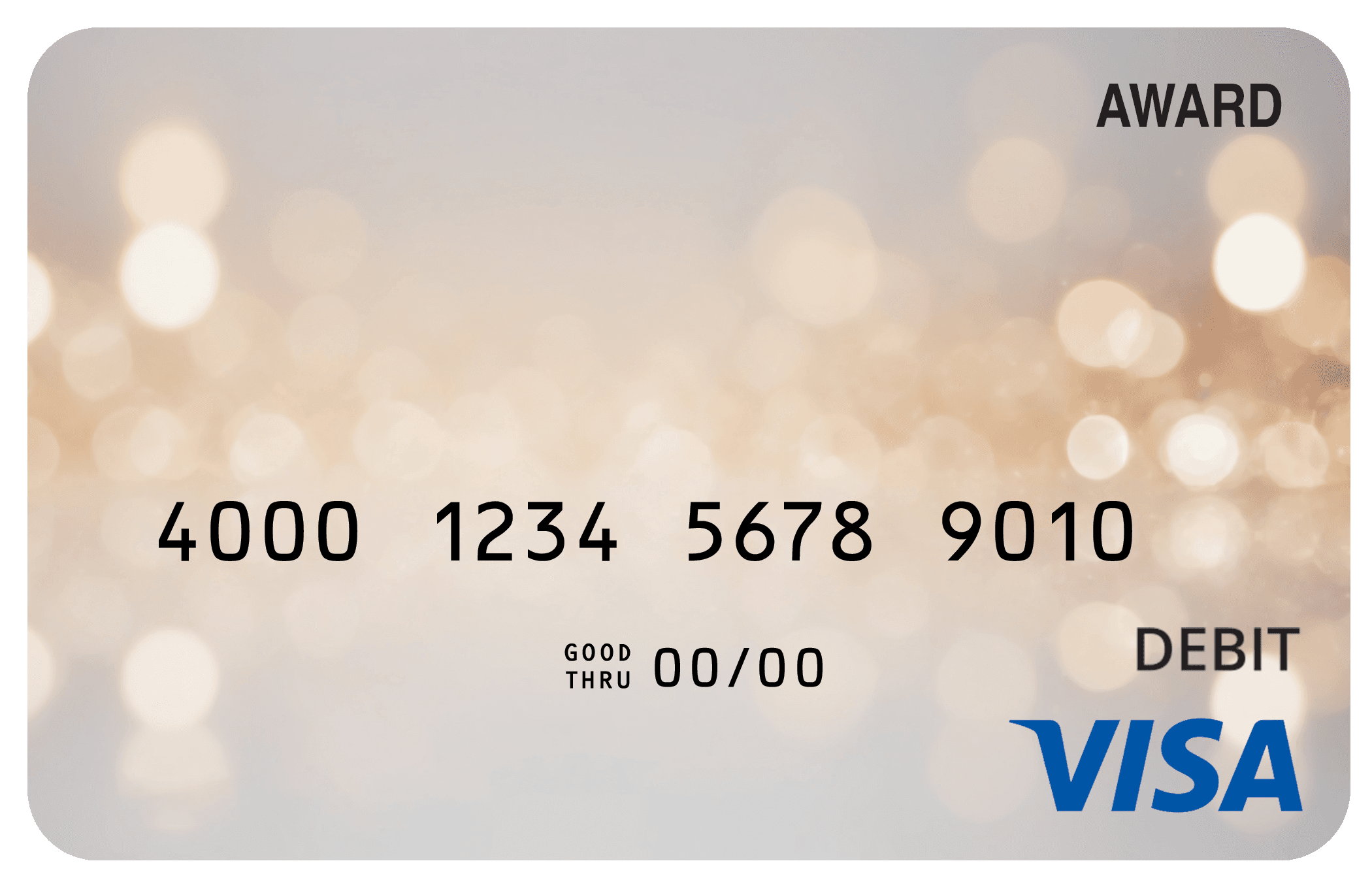 Award debit card with an elegant champagne-gold glow and soft celebratory highlights.
