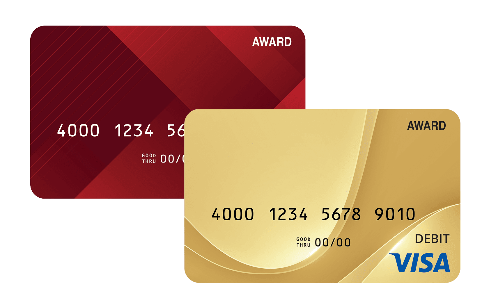 Two brushed-metal Visa award cards, one sage green and one white, overlapping at an angle.