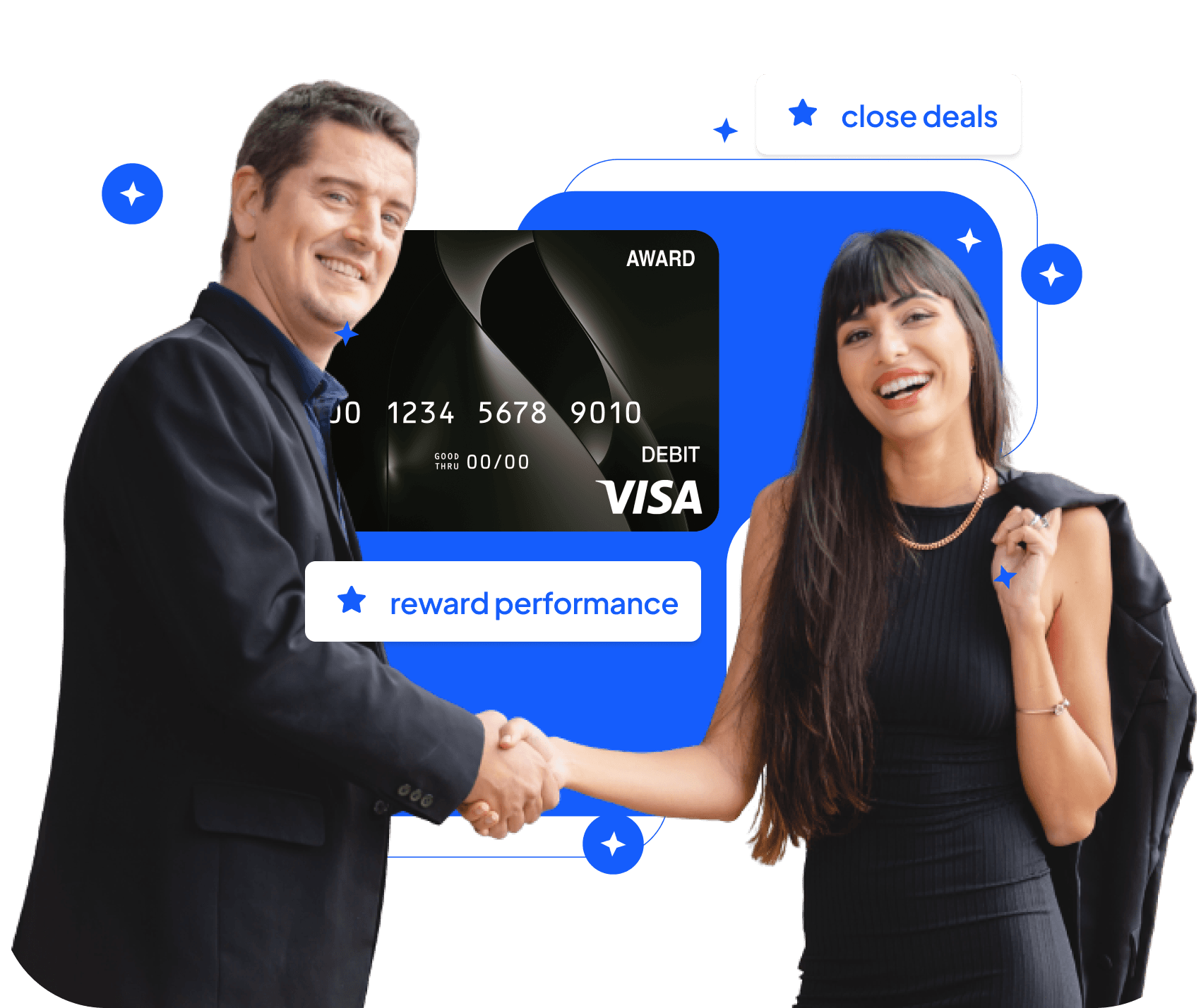 Man and woman shaking hands with an orange reloadable card, tagged close deals and reward performance.