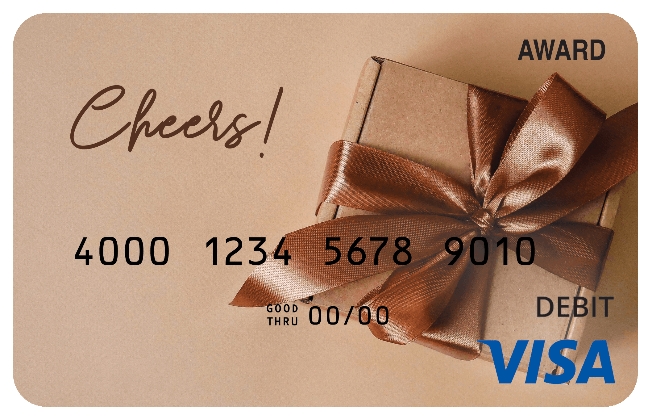 Award debit card featuring a wrapped gift with a white bow against a festive background.