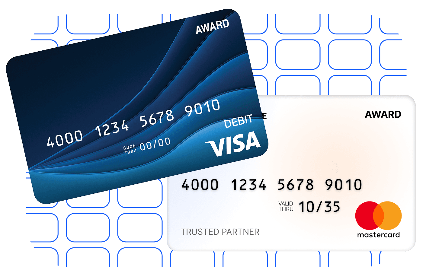 Blue custom-branded Visa card and white Mastercard award card over an outlined card pattern.