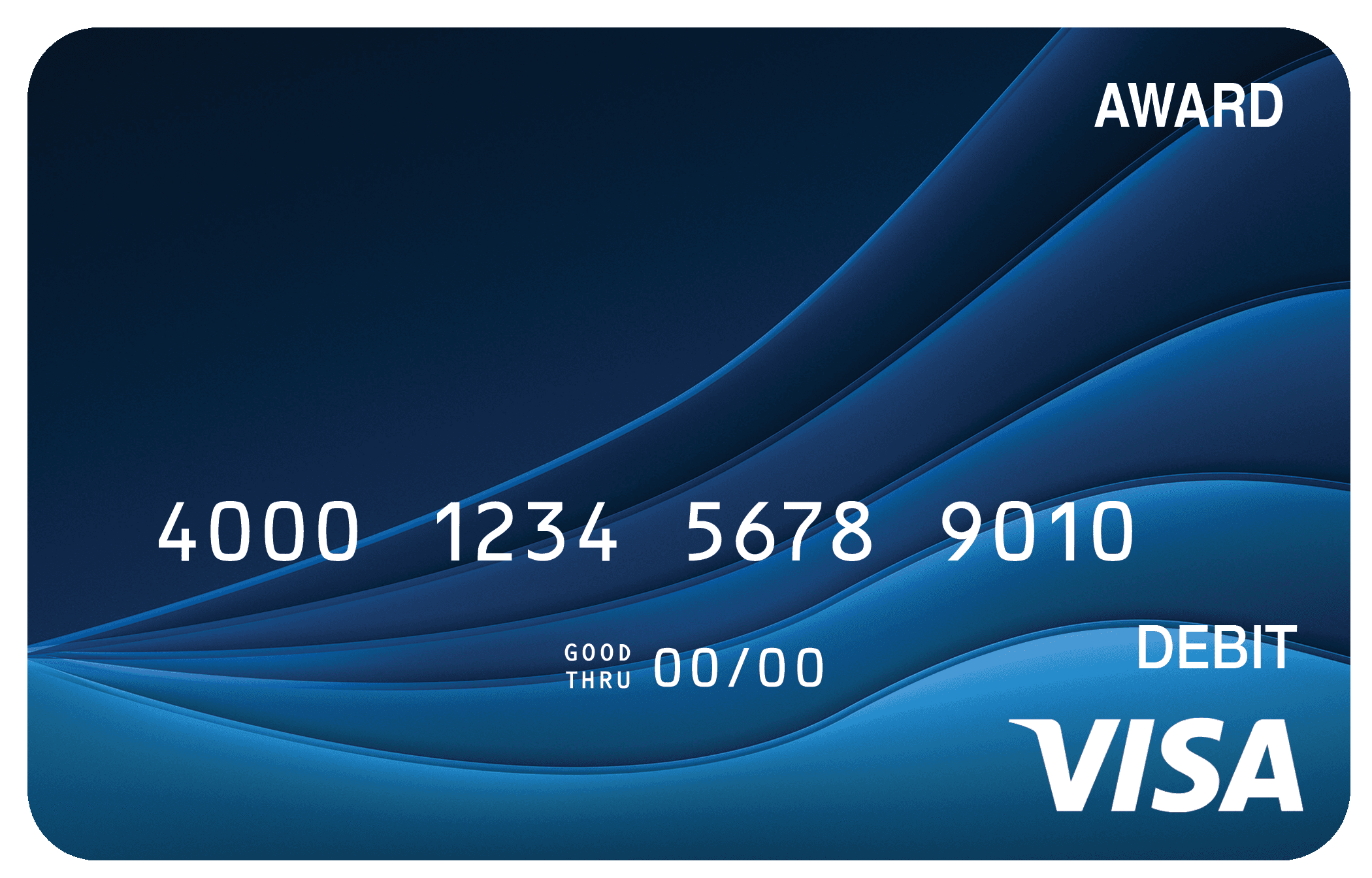 Award debit card with layered blue geometric shapes creating a modern sense of motion.