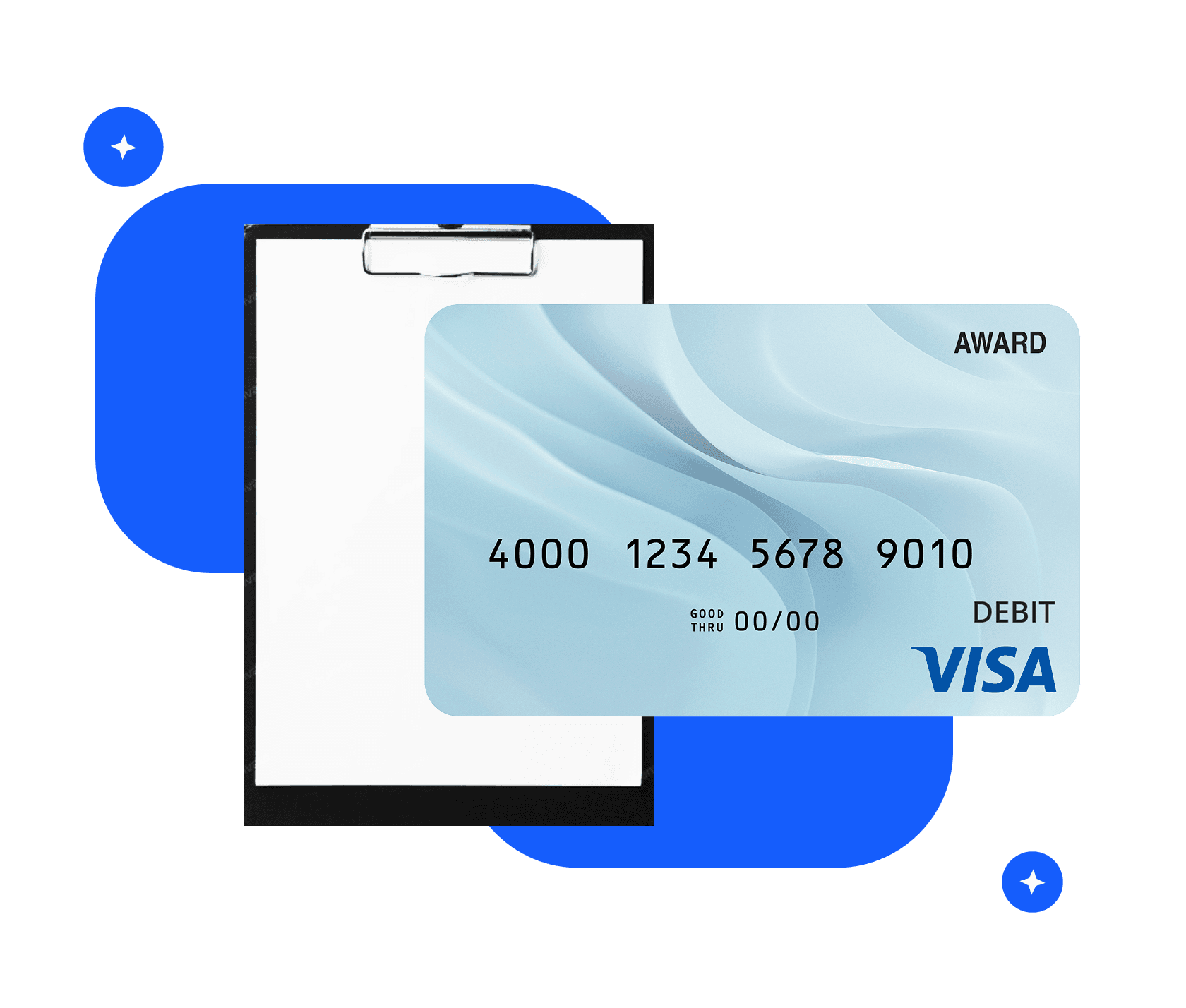 Clipboard holding a blank sheet behind a branded Mastercard award card, encircled by blue and orange loops.
