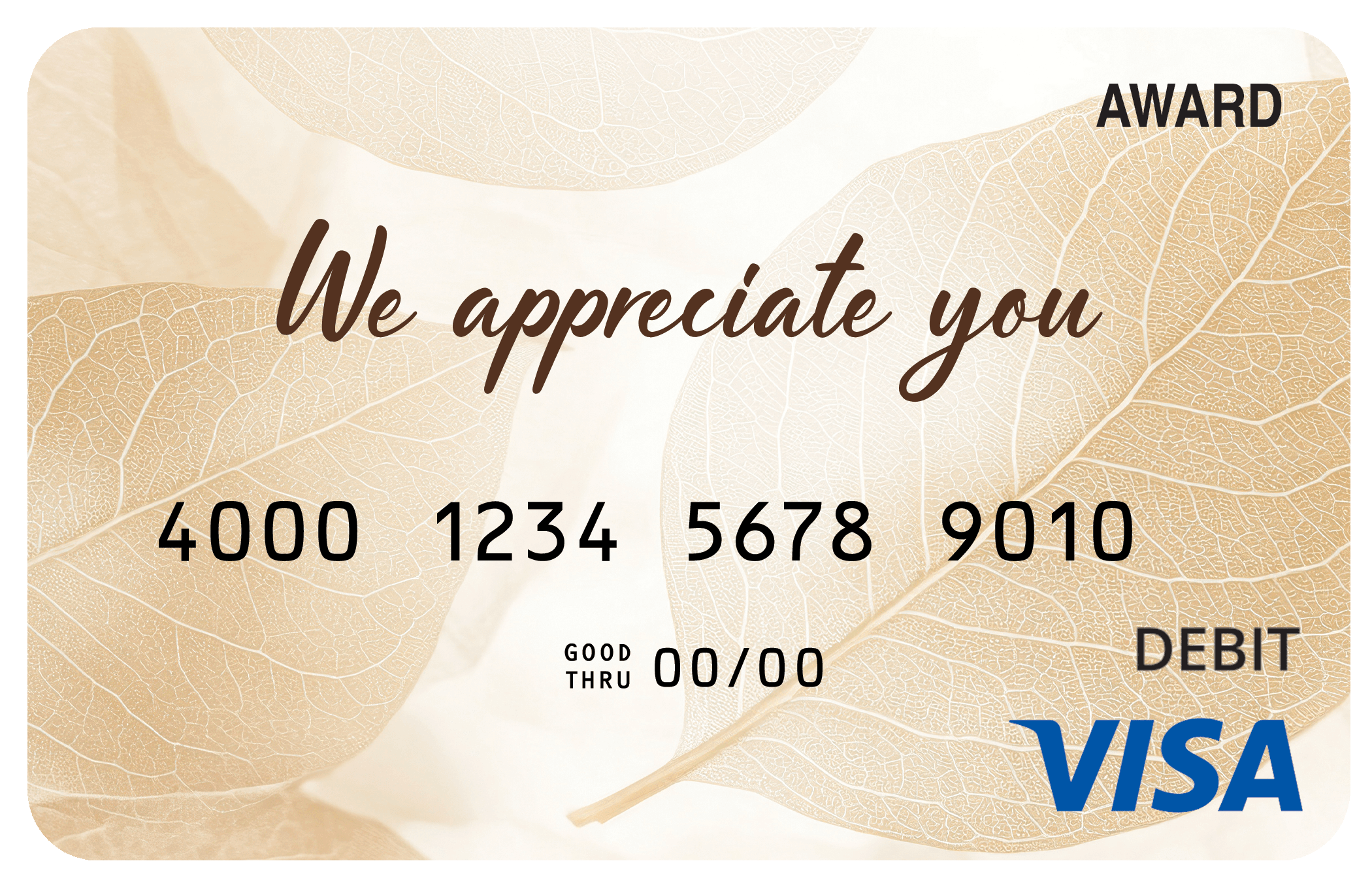 Award debit card with warm gold tones and a gratitude or appreciation theme.