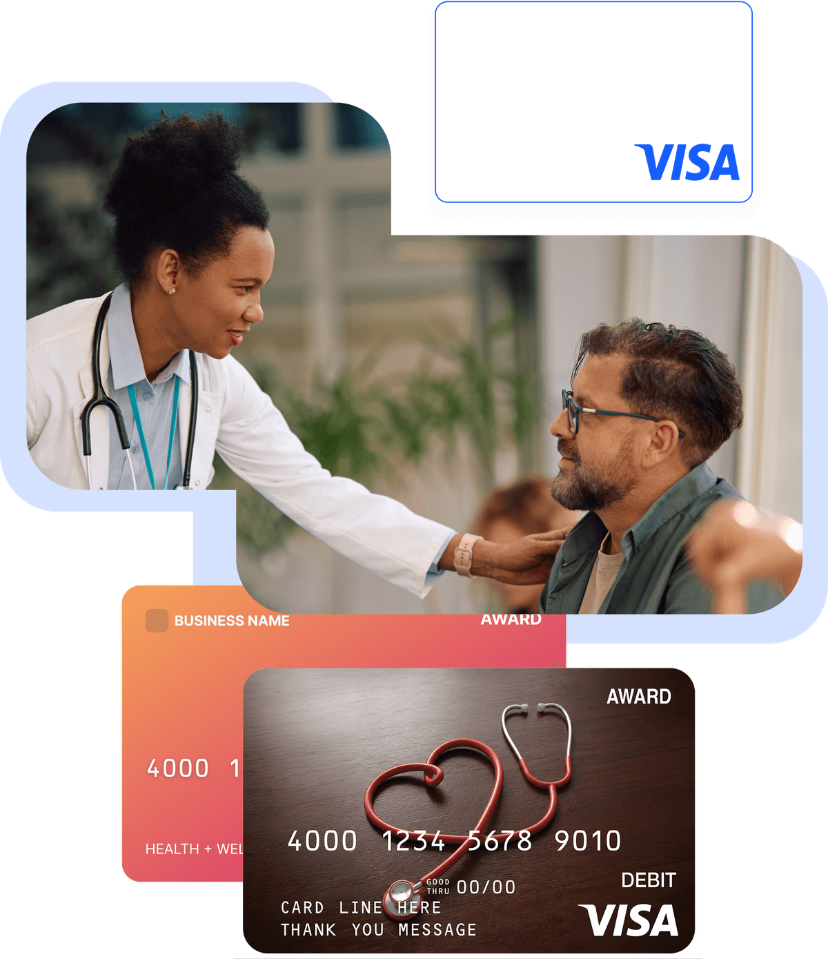 Doctor examining a patient above health-themed Visa award cards with a stethoscope design.