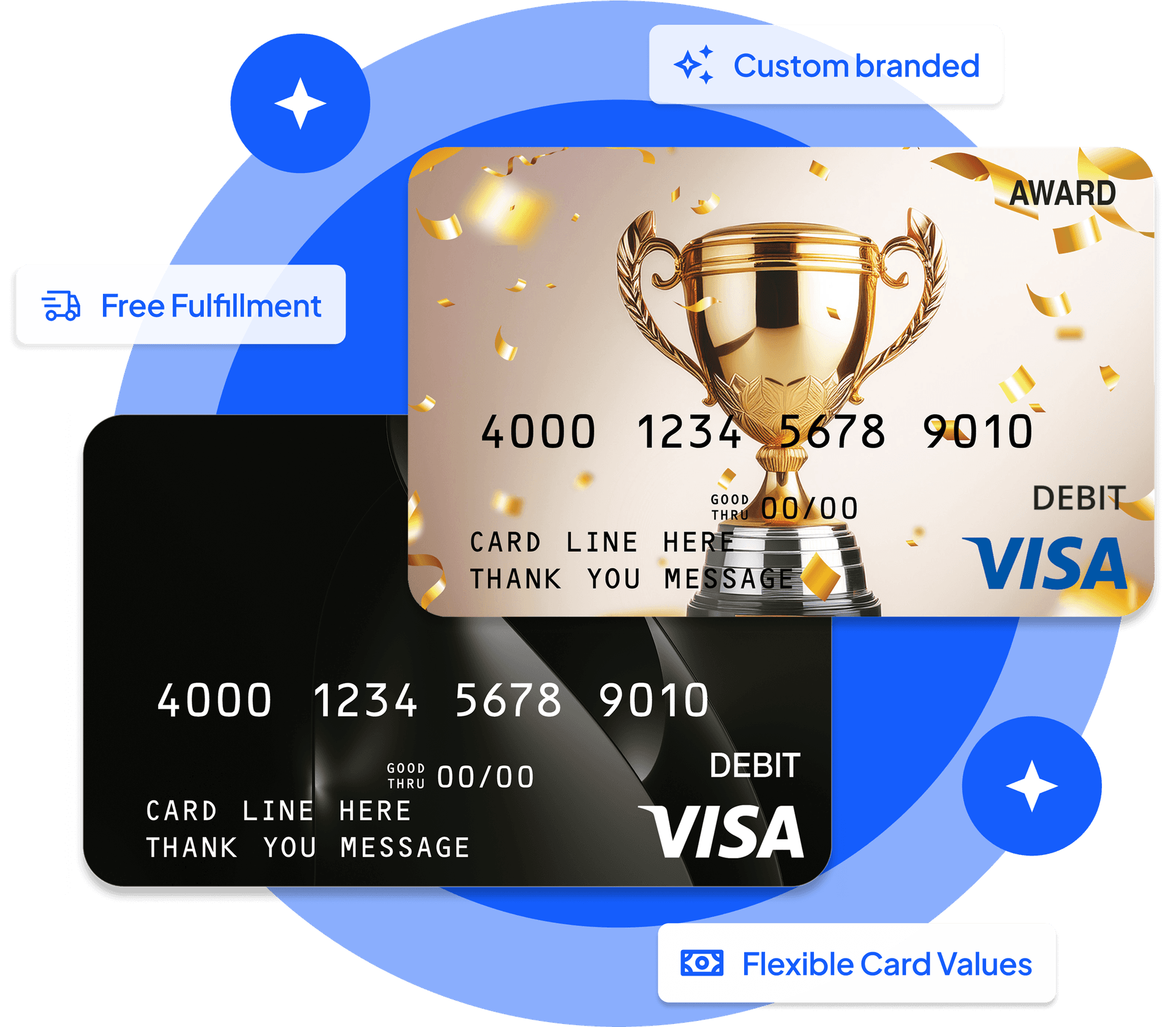 Trophy-print gold Visa award card and a black card on blue rings, tagged Custom branded and Free Fulfillment.
