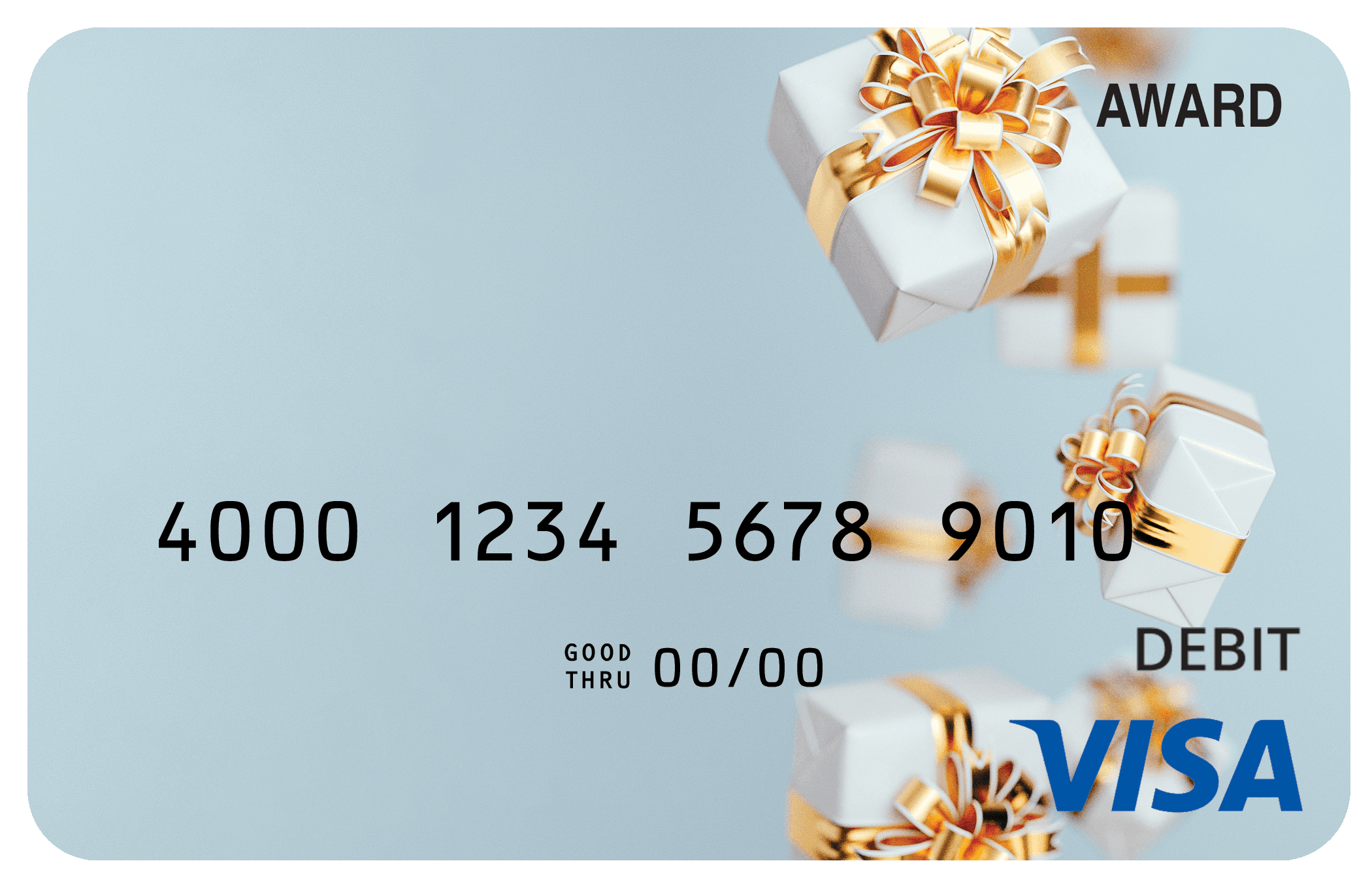 Award debit card with multiple festive gifts arranged in a cascading celebration design.