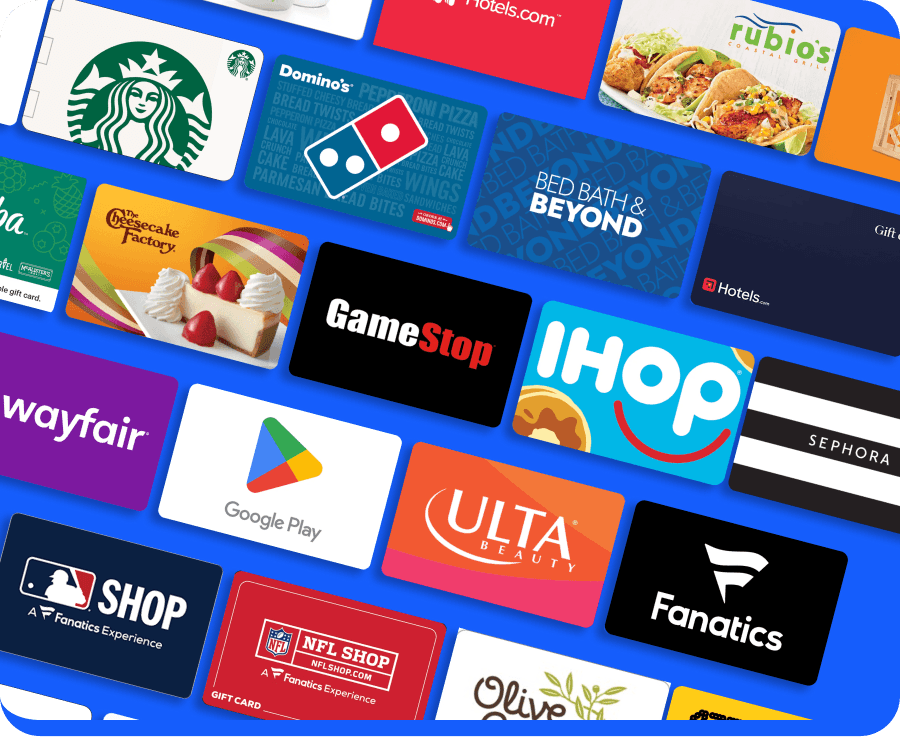 Tiled collage of retailer gift cards including Starbucks, Domino's, GameStop, IHOP, Wayfair and Ulta.