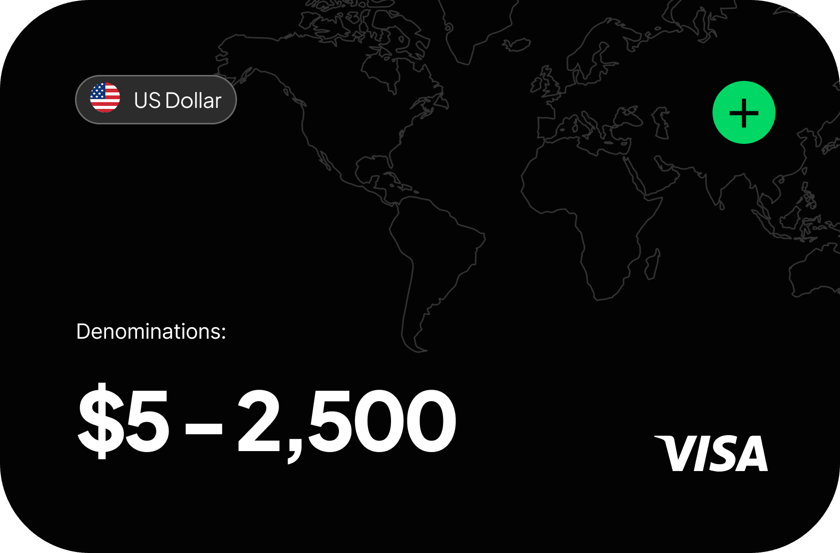 Black Visa card face on a faint world map, showing a gold chip and denominations of $5 to $2,500.