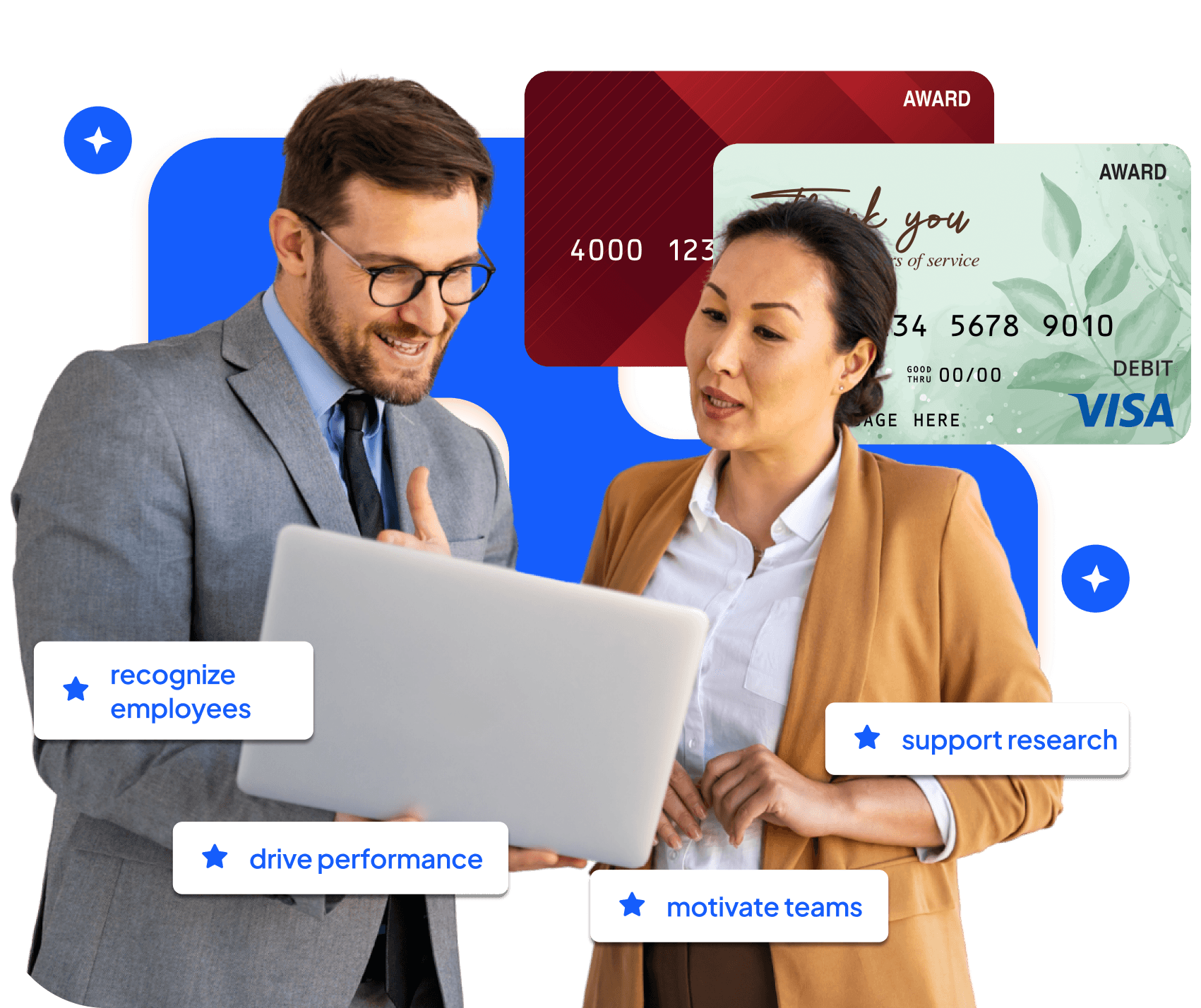 Two colleagues looking at a laptop with branded award cards behind, tagged recognize employees and drive performance.