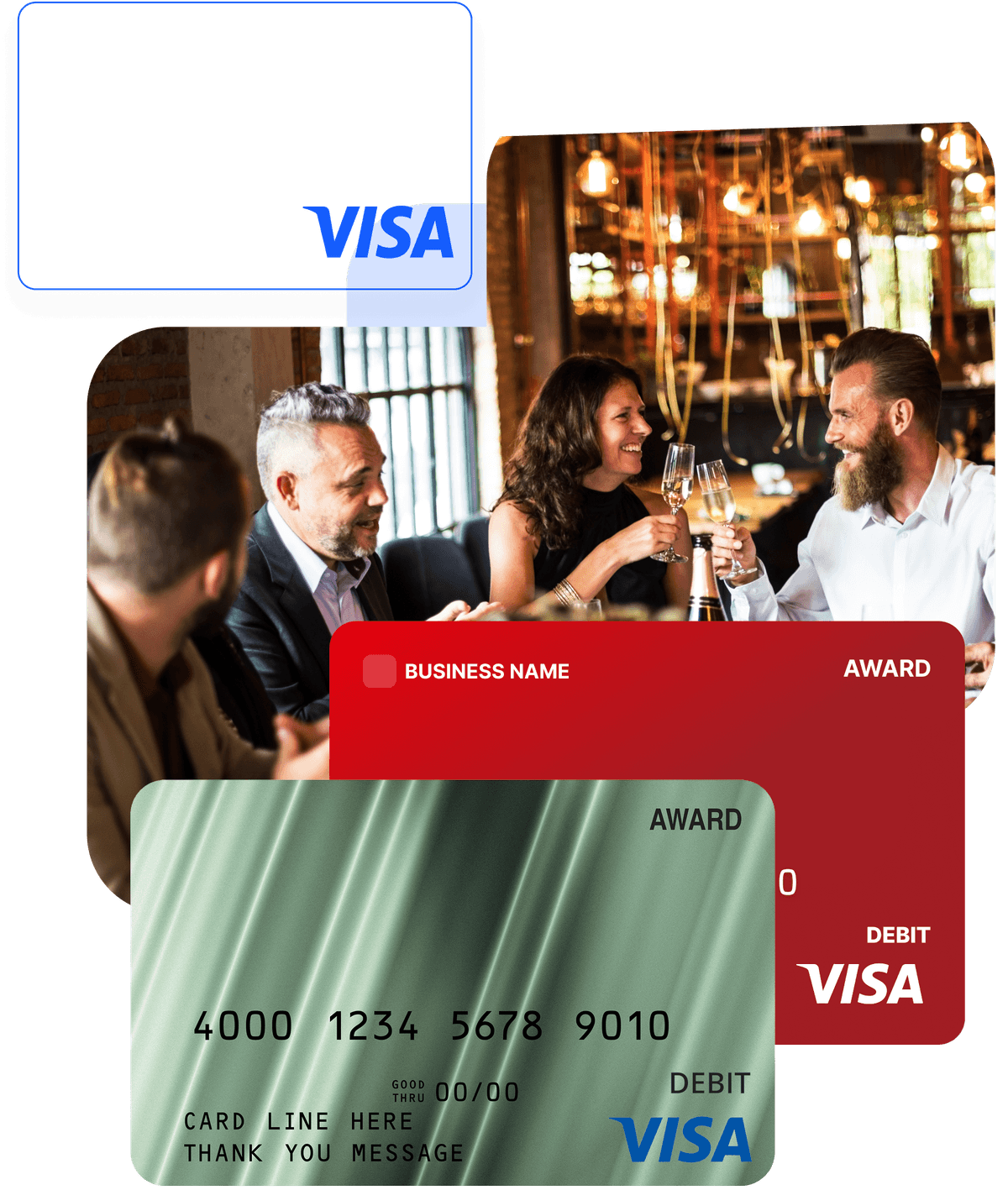 Group toasting drinks in a restaurant above red and sage green Visa award cards.
