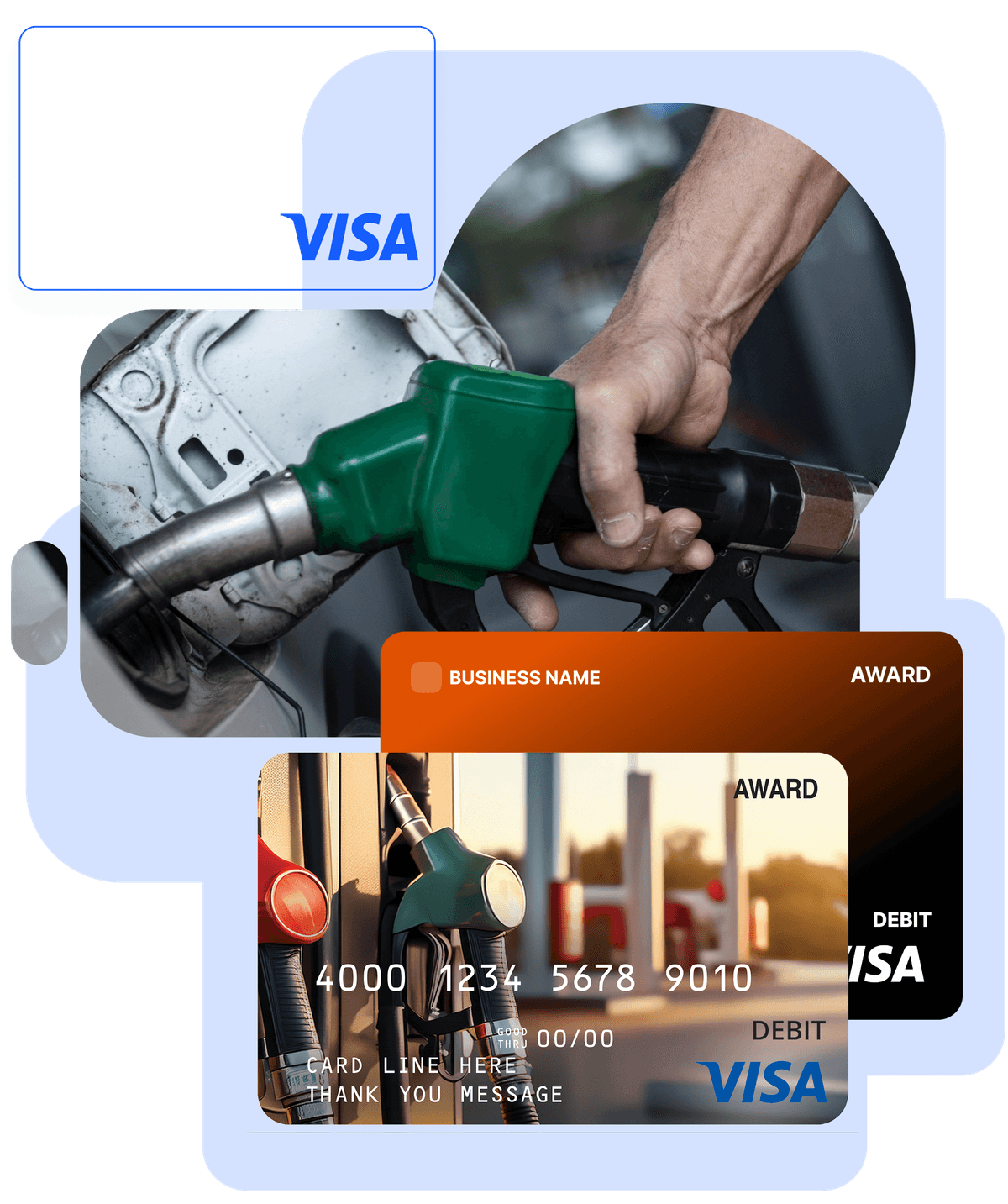 Hand refuelling a car at a pump above two fuel-themed Visa award cards.