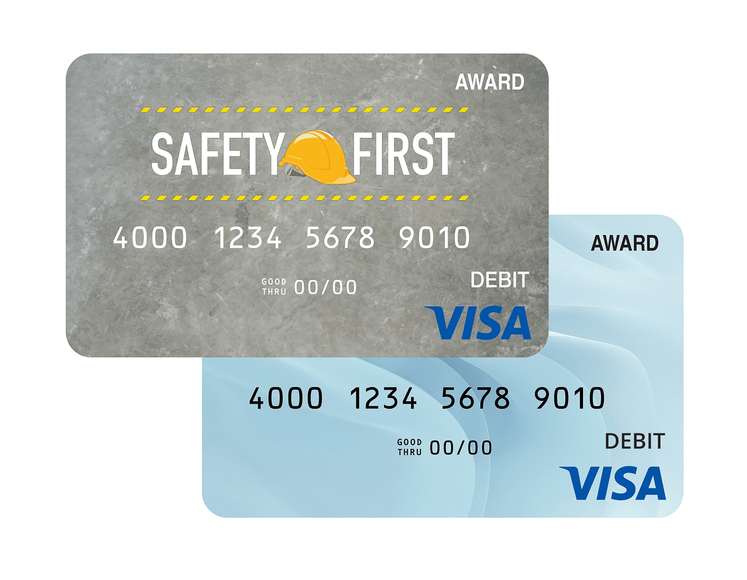 Grey Safety First hard hat Visa award card layered over a pale blue card.