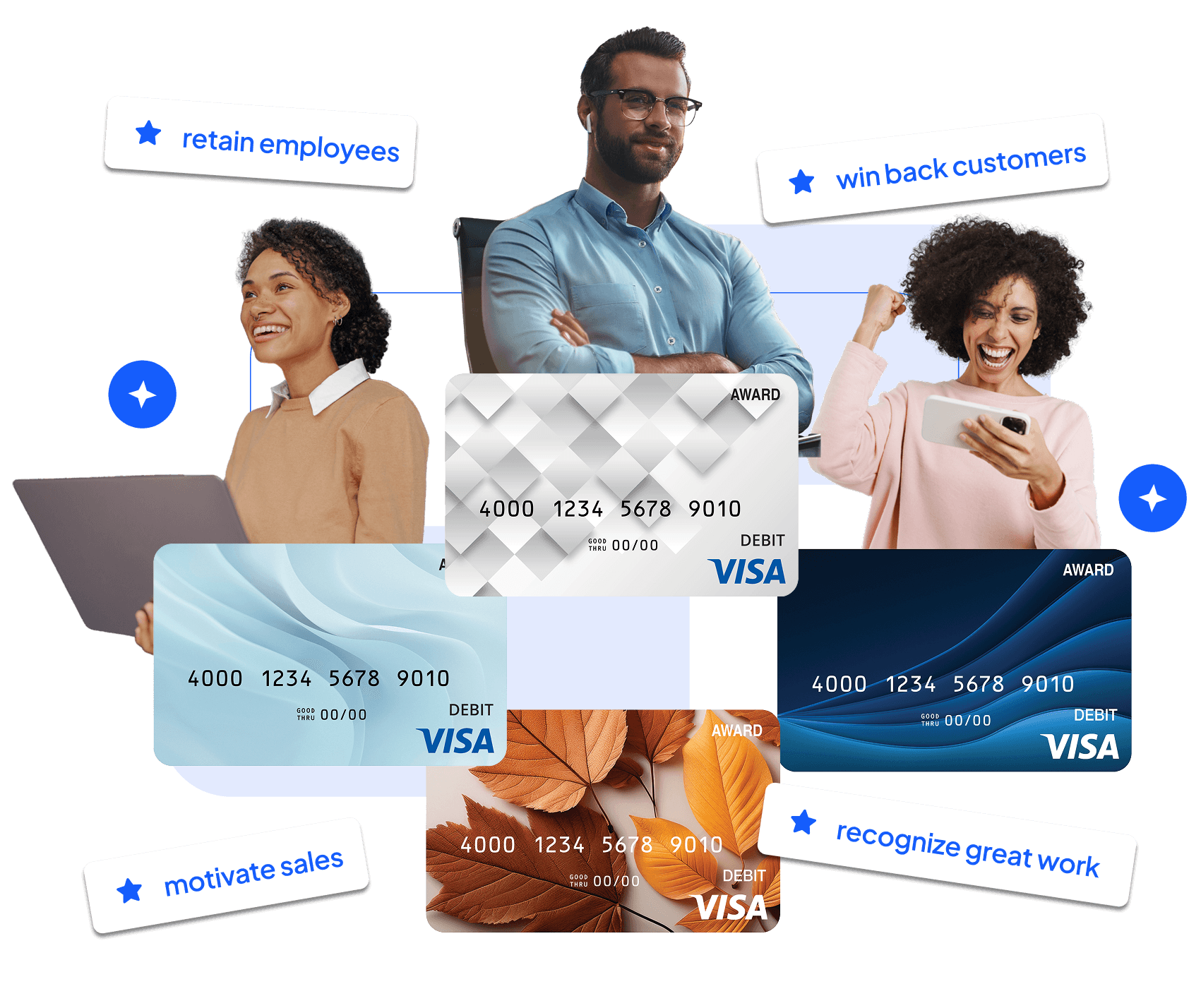 Three colleagues around branded award cards, tagged retain employees, win back customers and motivate sales.