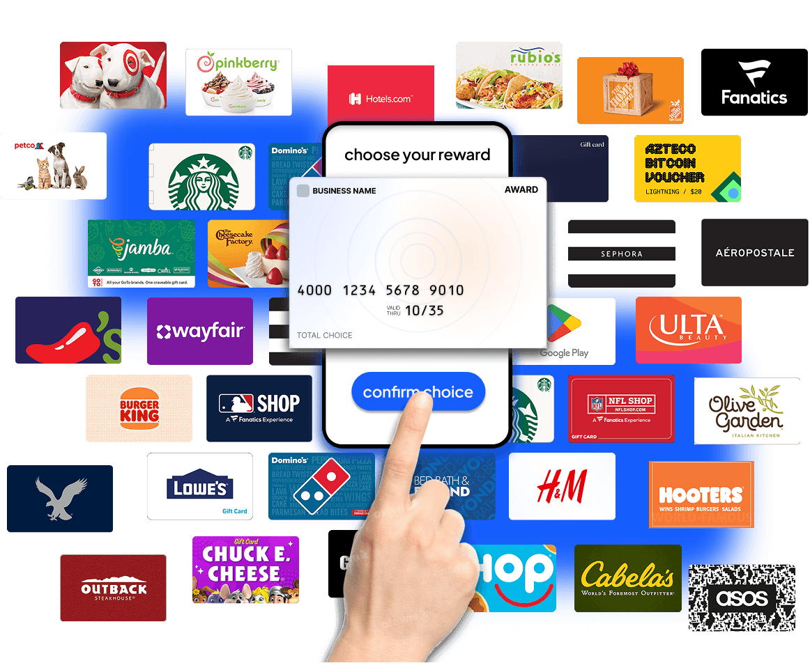 Dense collage of retailer gift cards with a choose your reward card selector and a pointing finger.