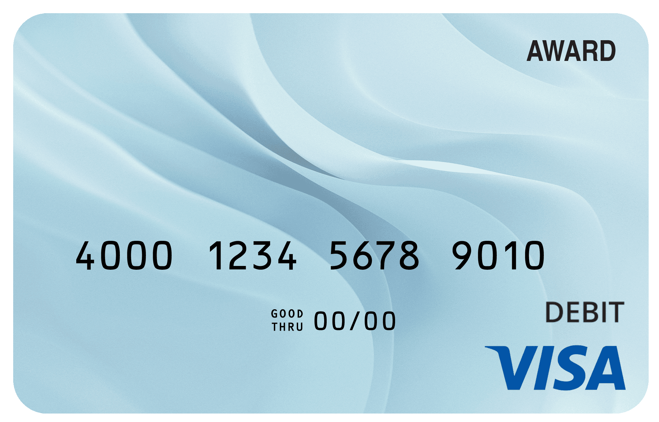 Award debit card with a soft blue gradient and flowing white wave-line pattern.