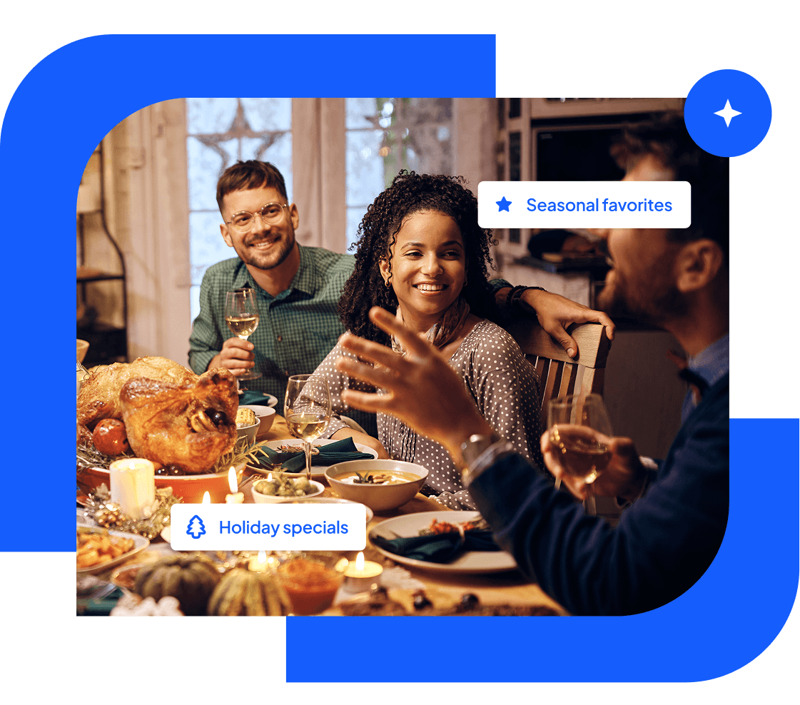 Family gathered around a holiday dinner table, tagged Seasonal favorites and Holiday specials.