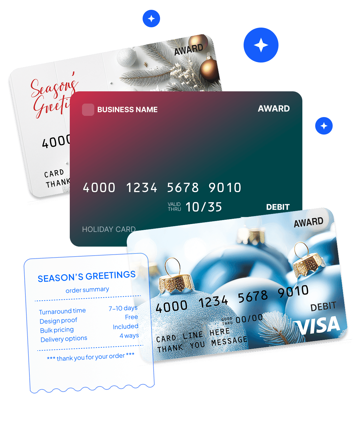 Holiday-themed award cards beside a Season's Greetings order summary receipt.