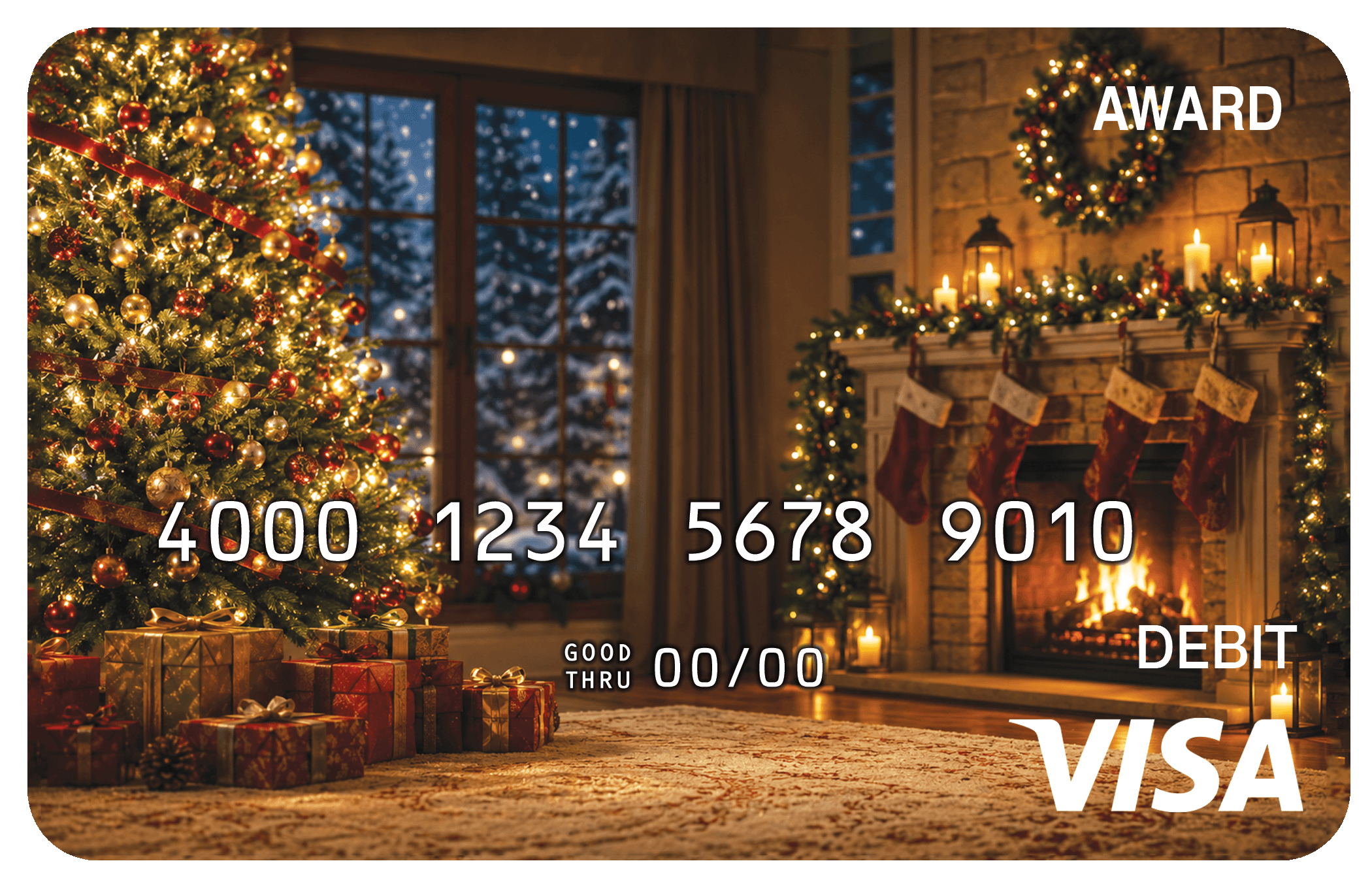 Award debit card with glowing holiday lights and a festive seasonal background.