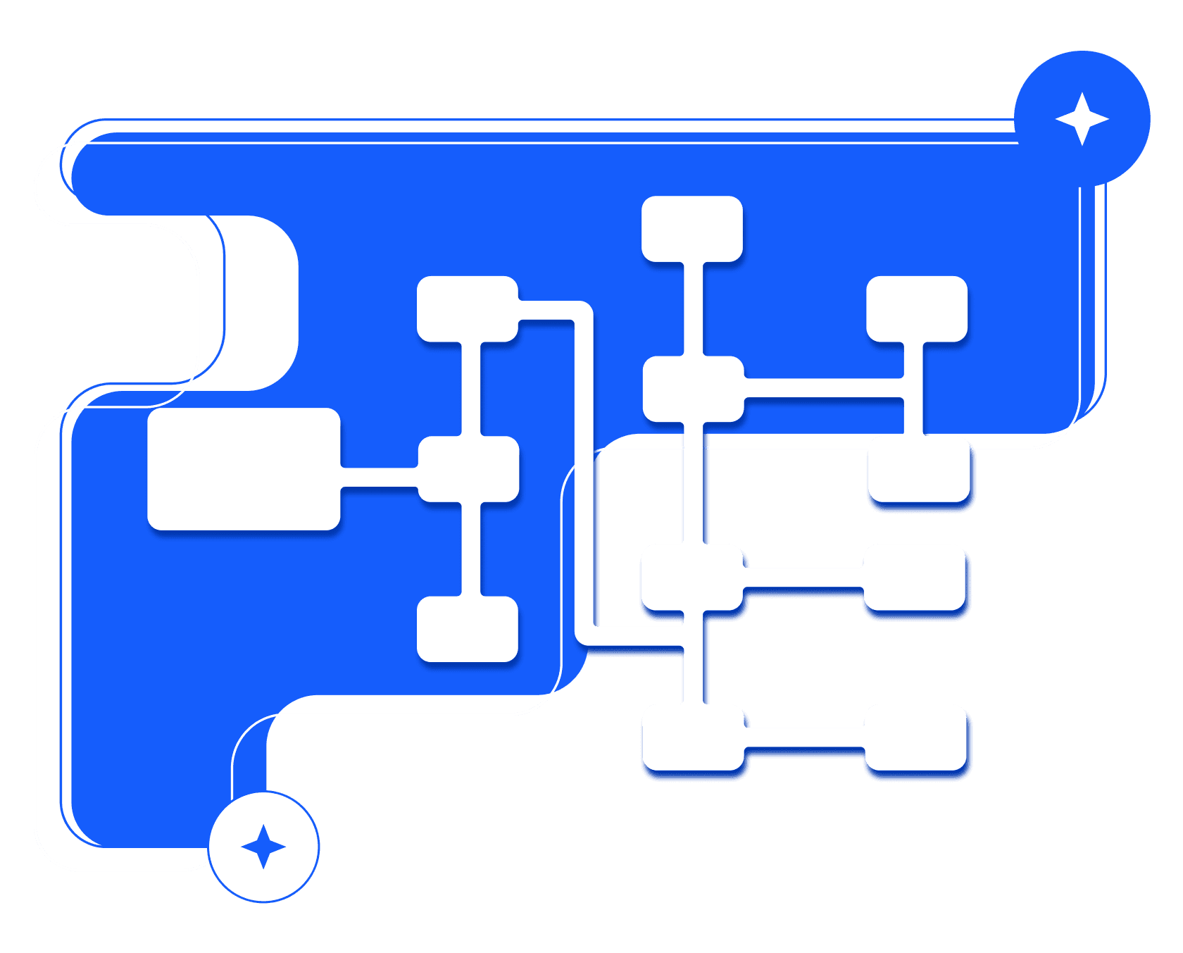 Abstract white organisation-chart diagram of connected boxes on a blue rounded panel.