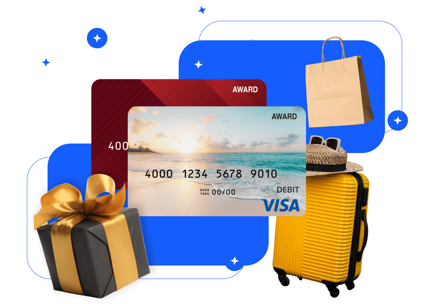 Visa award card printed with a turquoise island lagoon, beside a yellow wheeled suitcase.