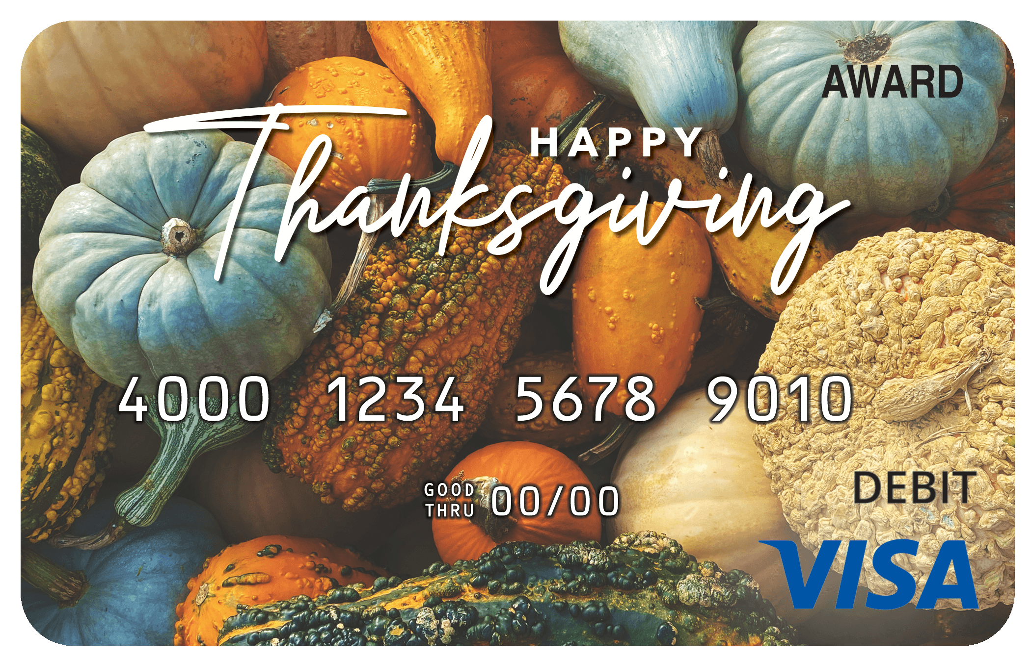 Award debit card with autumn harvest imagery expressing seasonal gratitude and appreciation.