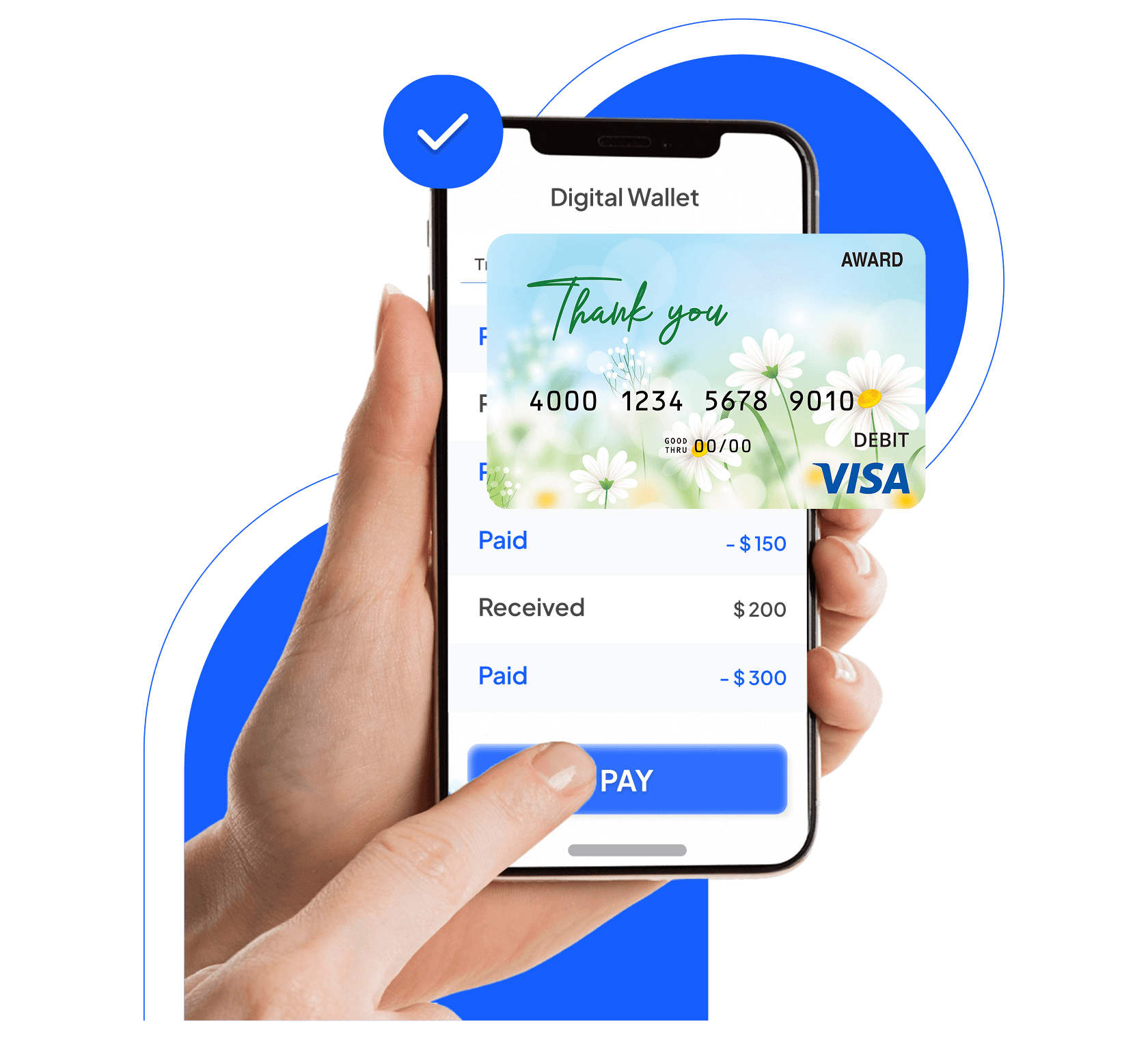 Hand holding a phone showing a digital wallet with an Enjoy Visa award card and a payment history list.