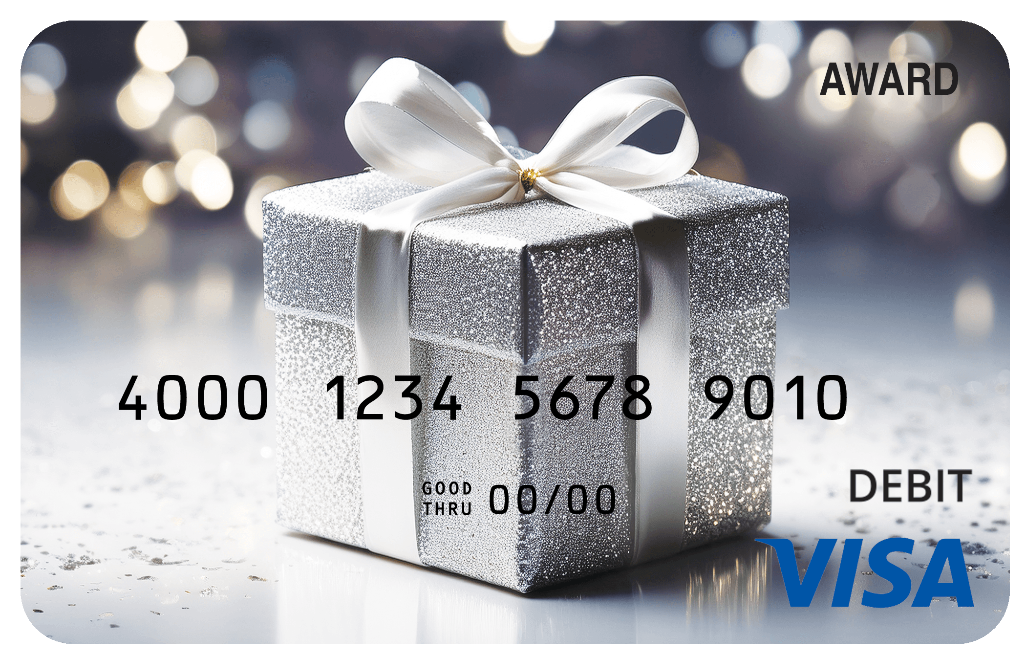 Award debit card with a sparkling silver gift box and white ribbon against festive lights.