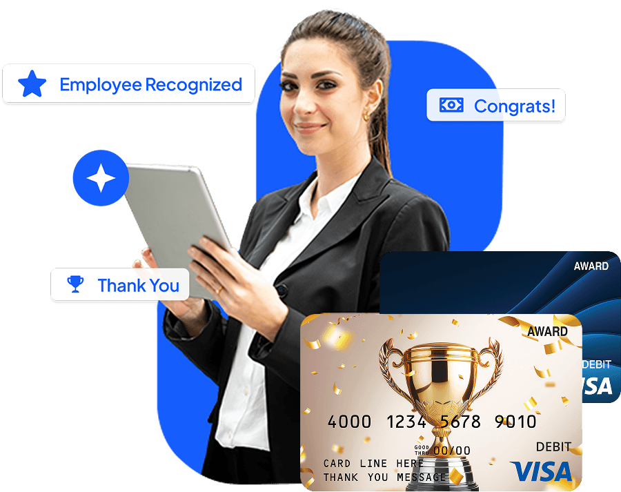 Businesswoman holding a tablet beside a trophy-print Visa award card, tagged Employee Recognized and Thank You.