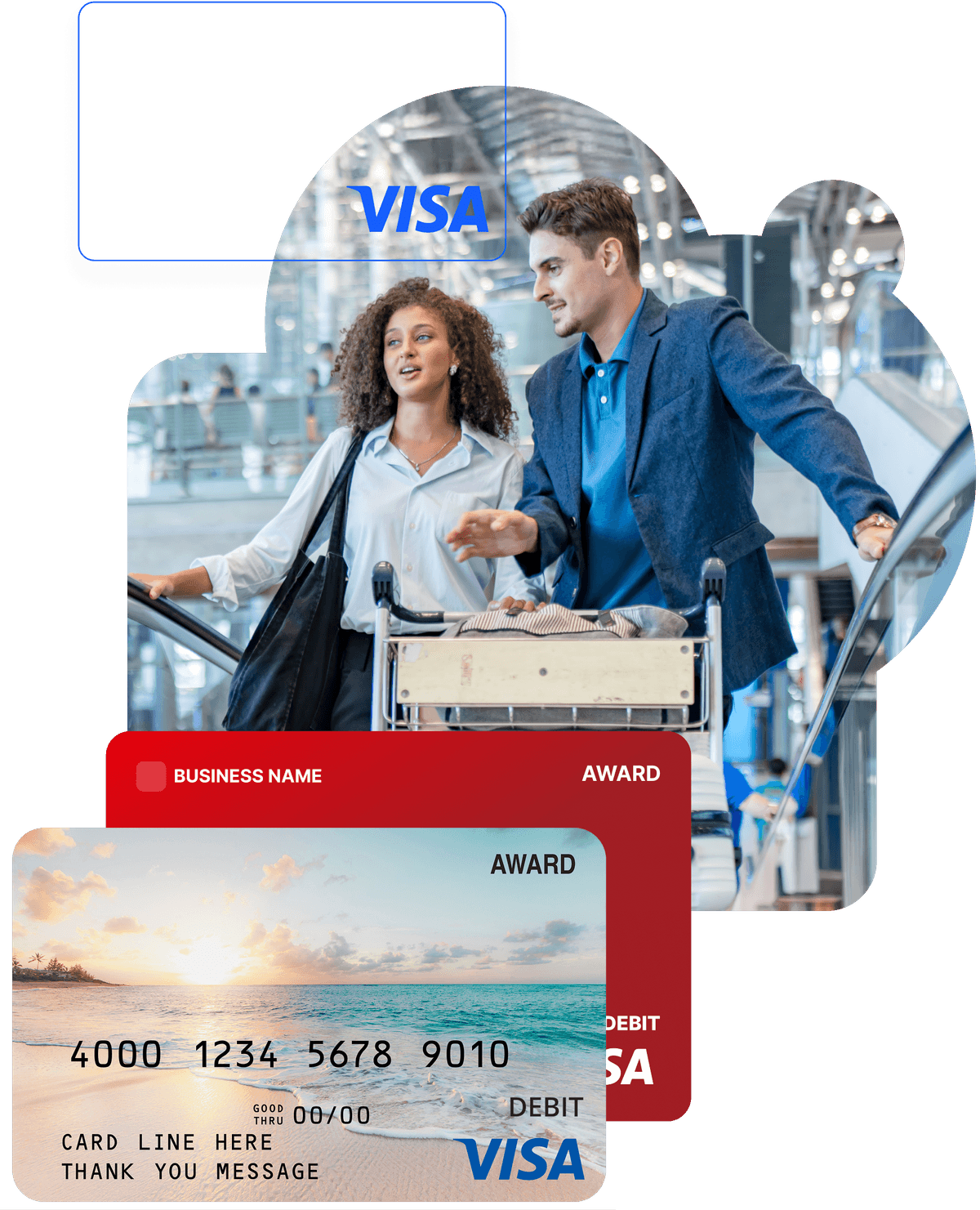 Couple with luggage at an airport above a tropical beach Visa award card.