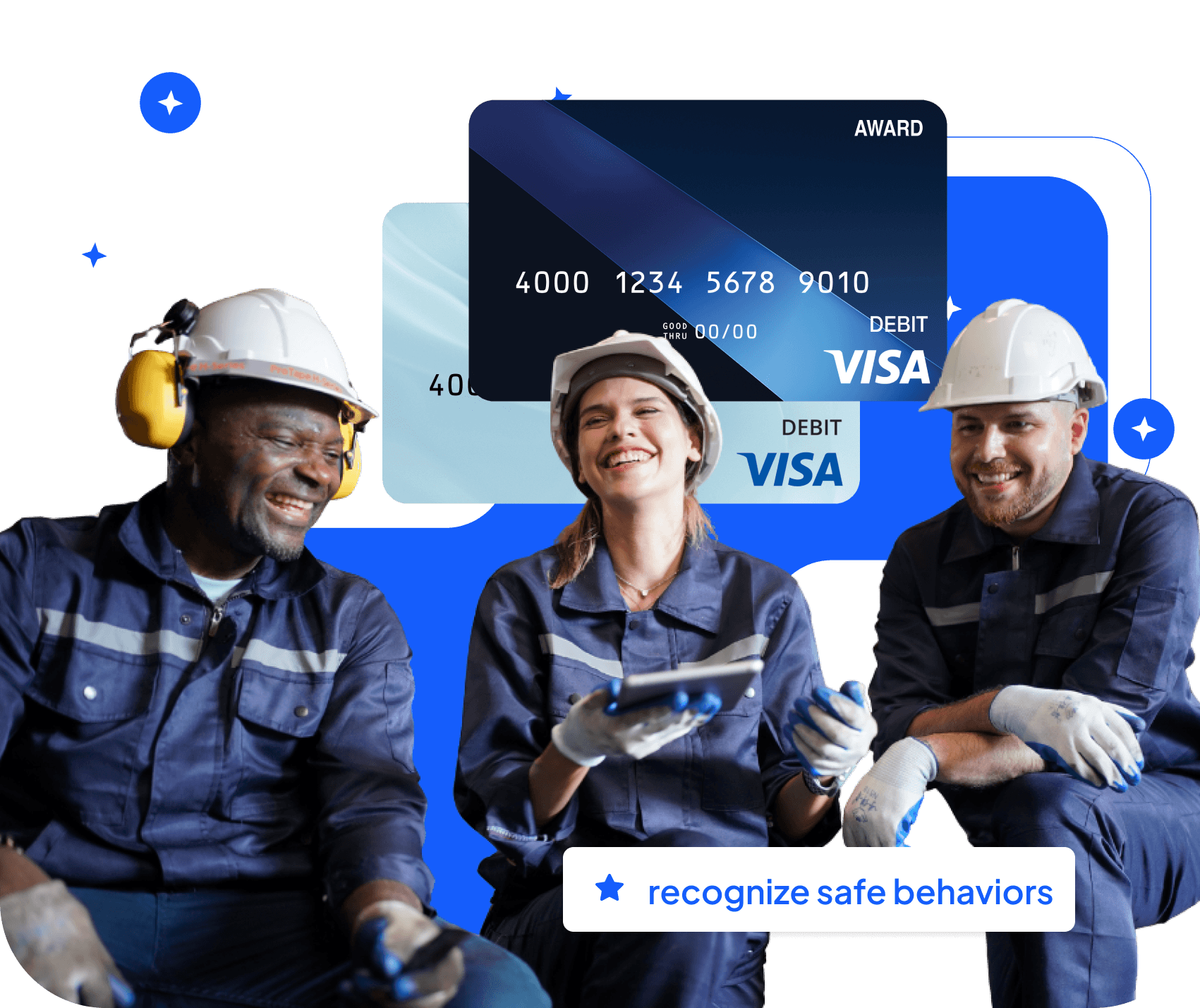 Three industrial workers in hard hats laughing together, with a branded Visa card and a safe behaviours tag.