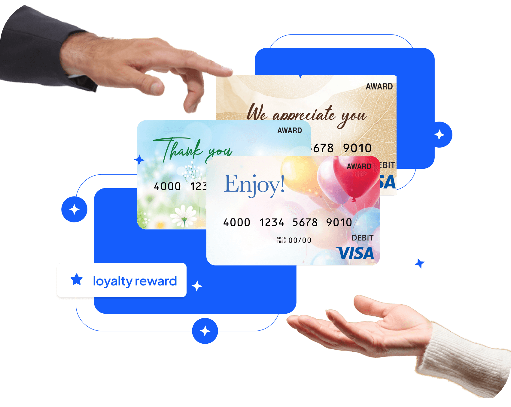 Hand passing orange reloadable award cards to an open palm, tagged loyalty reward.