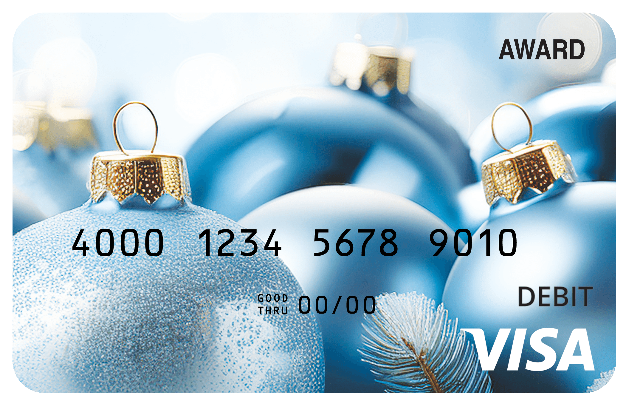 Award debit card featuring blue and silver Christmas ornaments with bright winter bokeh.