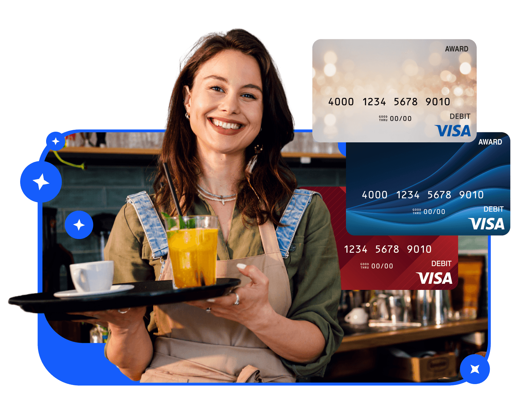 Smiling waitress holding a tray with a drink, displayed alongside three Visa debit reward cards in gold, navy, and red designs.