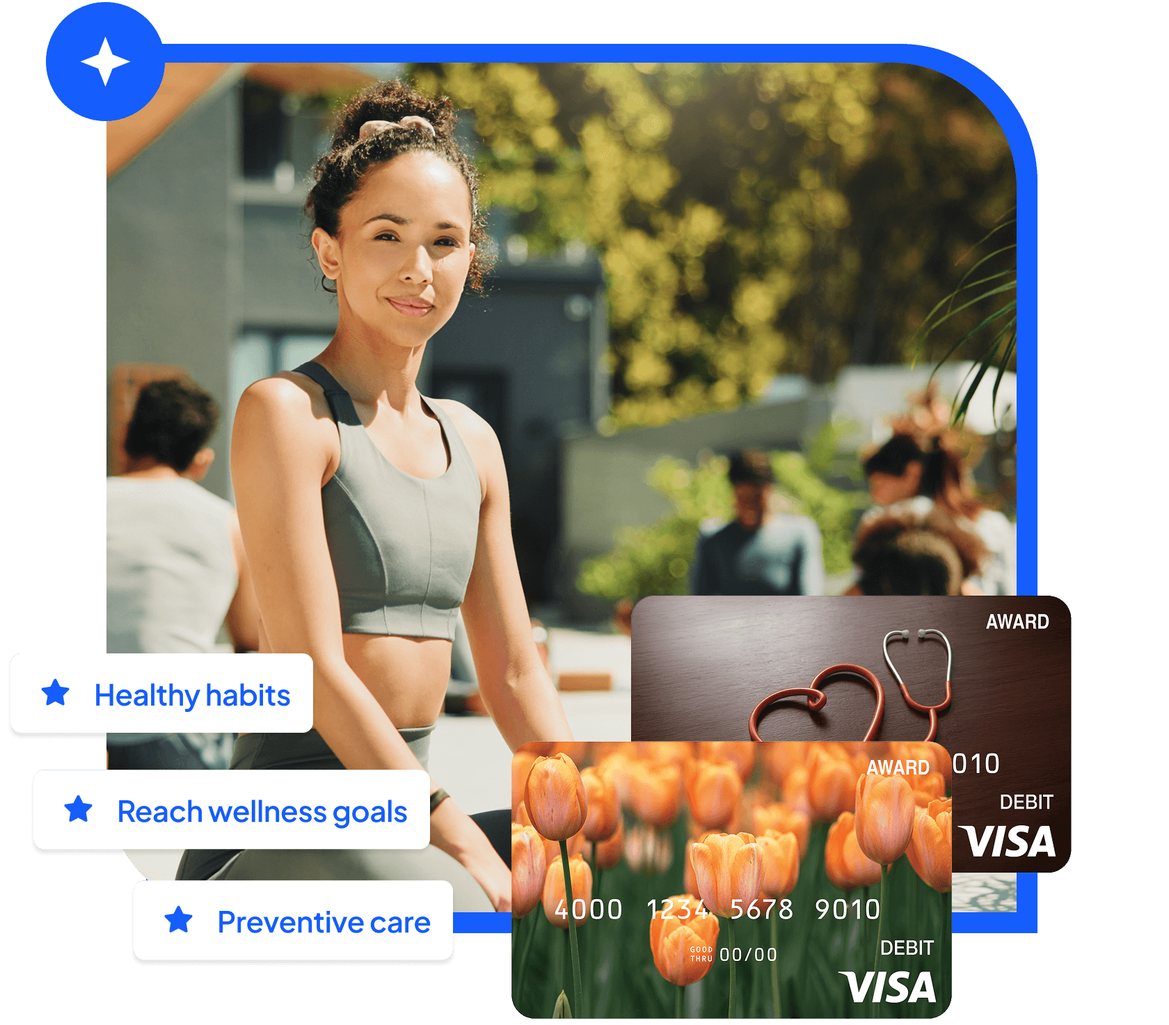 Woman in activewear holding a yoga mat and water bottle beside a stethoscope-design award card.
