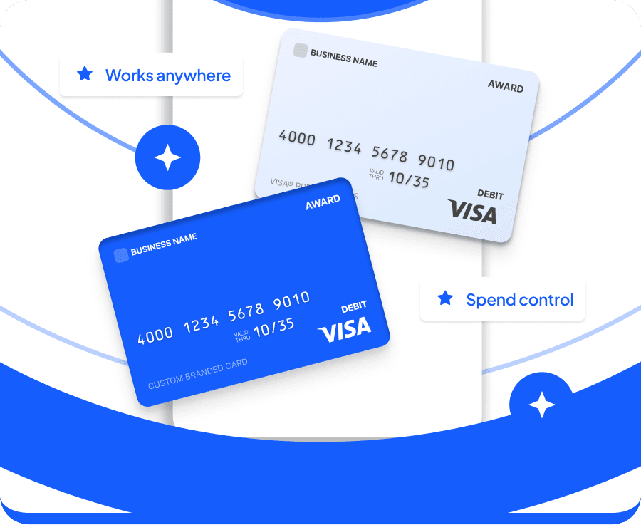 Blue and white Visa award cards on blue swirls, tagged Works anywhere and Spend control.