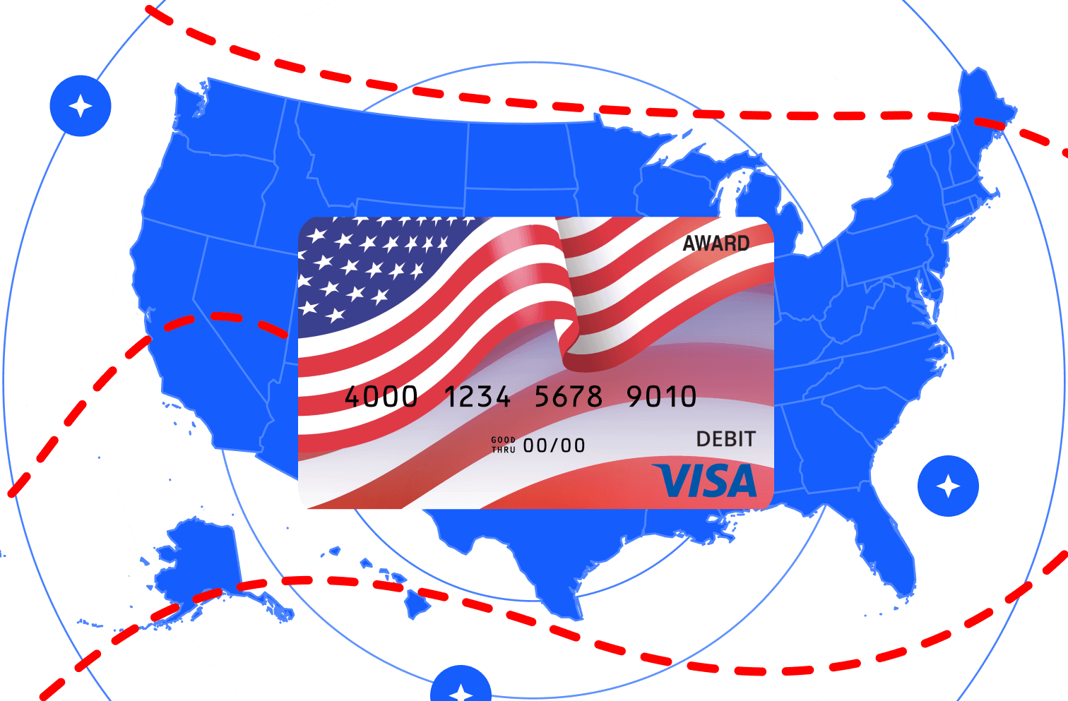 Blue map of the United States with a branded award card at its centre and red dashed arcs across it.