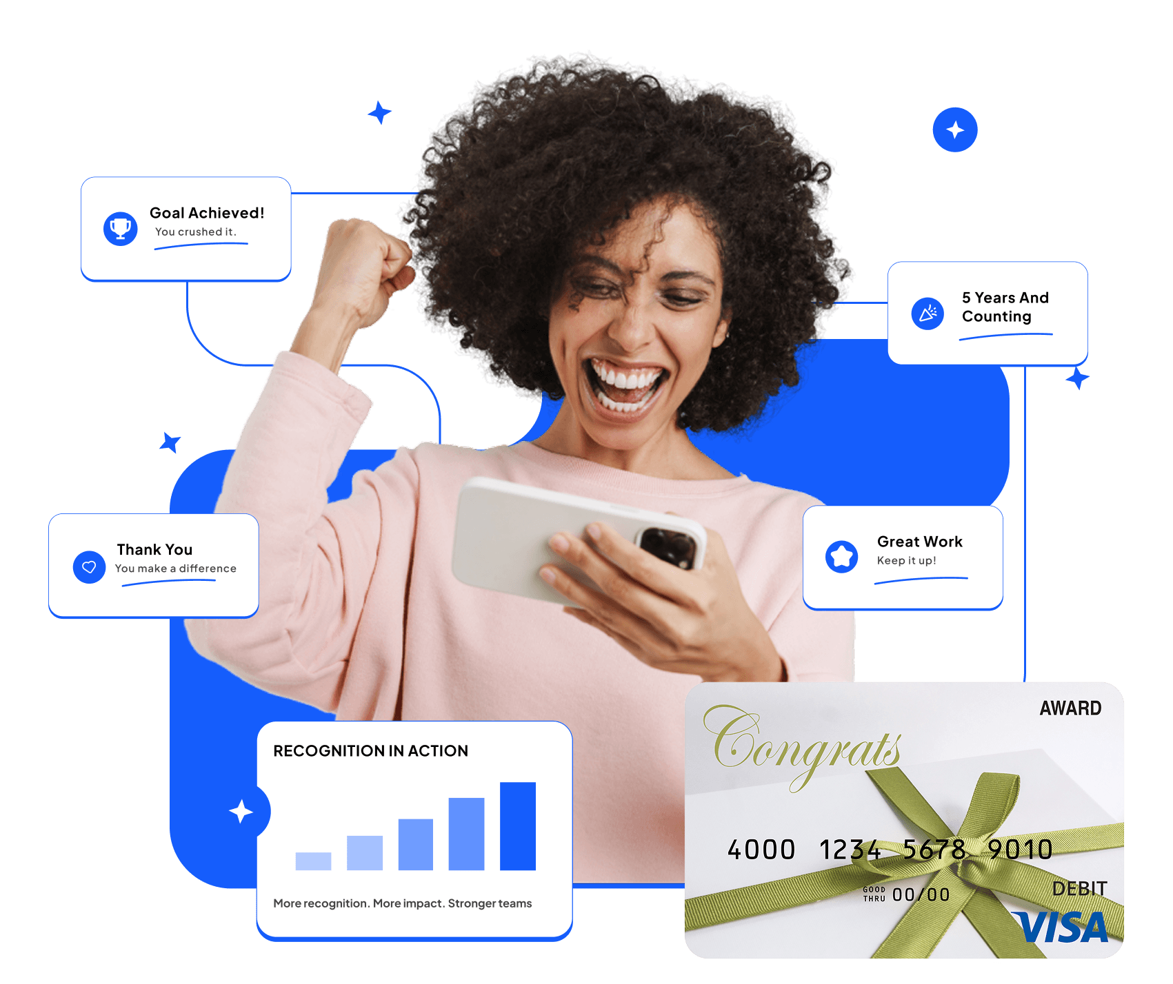 Woman cheering at her phone with a branded Visa card and recognition notification cards floating around her.