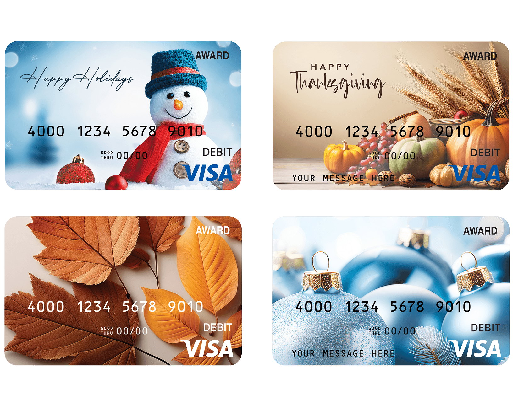 Four seasonal Visa award cards fanned out, including Thanksgiving pumpkins and autumn scenes.