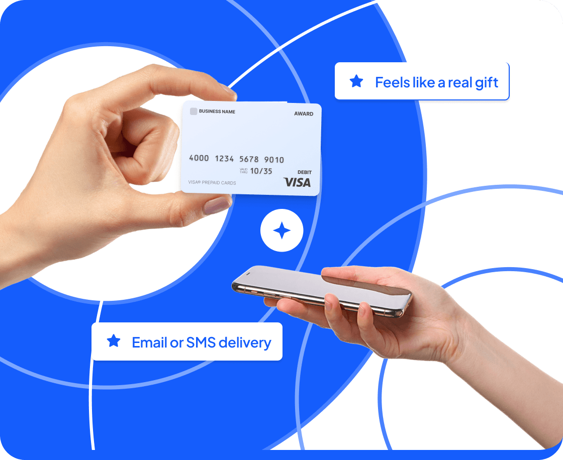 One hand holding a physical Visa card and another holding a phone, tagged Feels like a real gift.