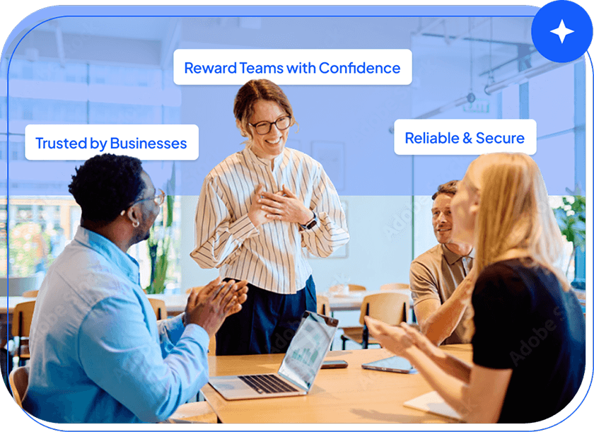Colleagues talking around a laptop in a bright office, overlaid with trust and reliability labels.