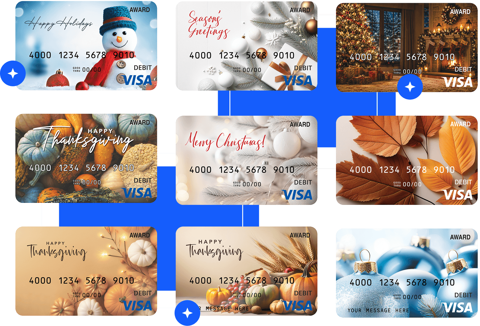 Award cards emerging from an open blue gift box with Thank You and Happy Holidays greeting cards.